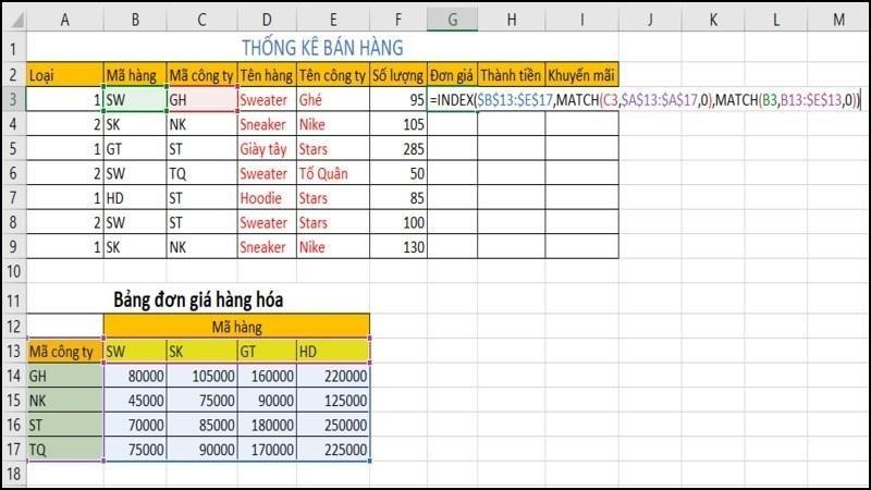 C&aacute;ch t&iacute;nh đơn gi&aacute; bằng h&agrave;m INDEX kết hợp h&agrave;m MATCH