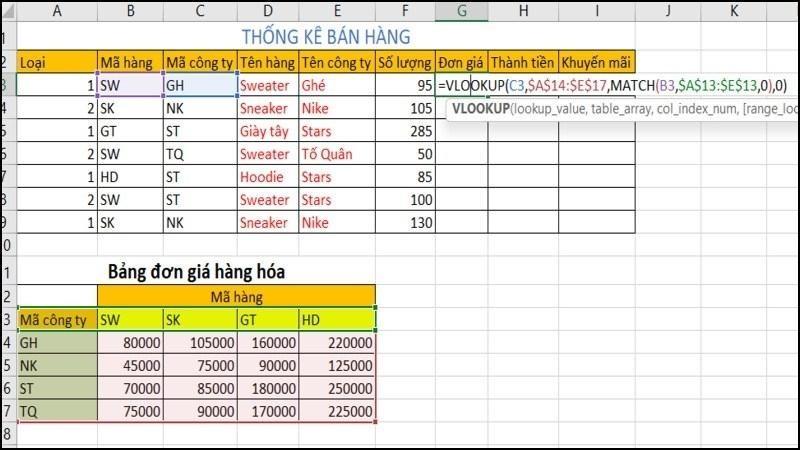 C&aacute;ch t&iacute;nh đơn gi&aacute; bằng h&agrave;m VLOOKUP