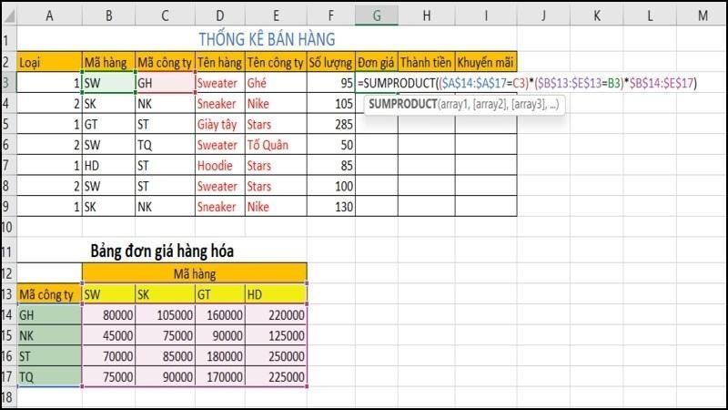 C&aacute;ch t&iacute;nh đơn gi&aacute; trong Excel bằng h&agrave;m SUMPRODUCT