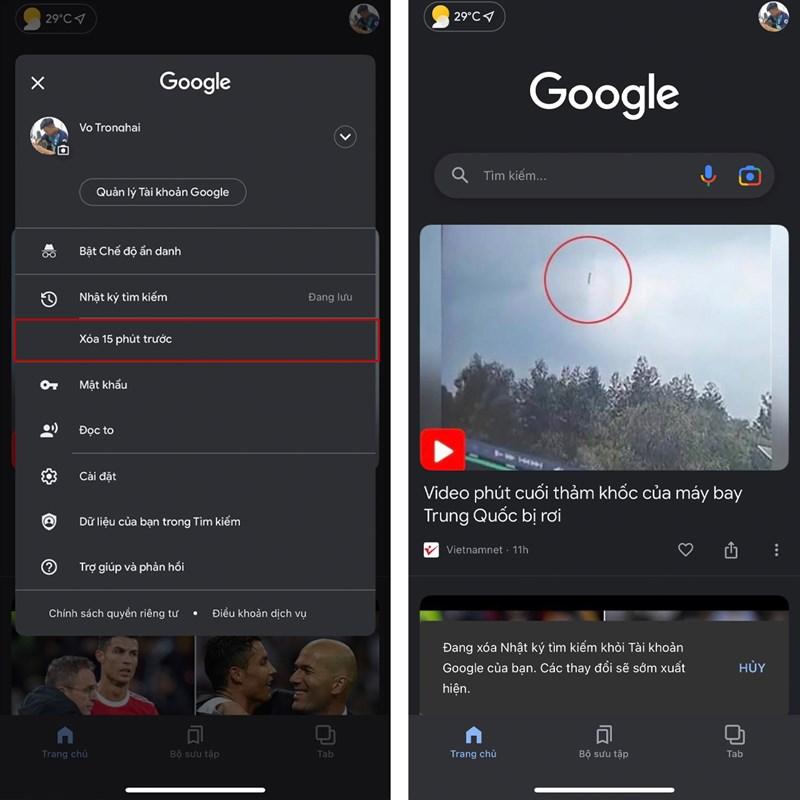 Cách xóa hoạt động tìm kiếm 15 phút trước trên Google cho iOS và Android