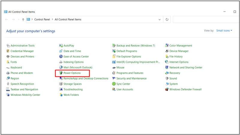 Cửa sổ Control panel hiện lên > Tìm và chọn Power Options 