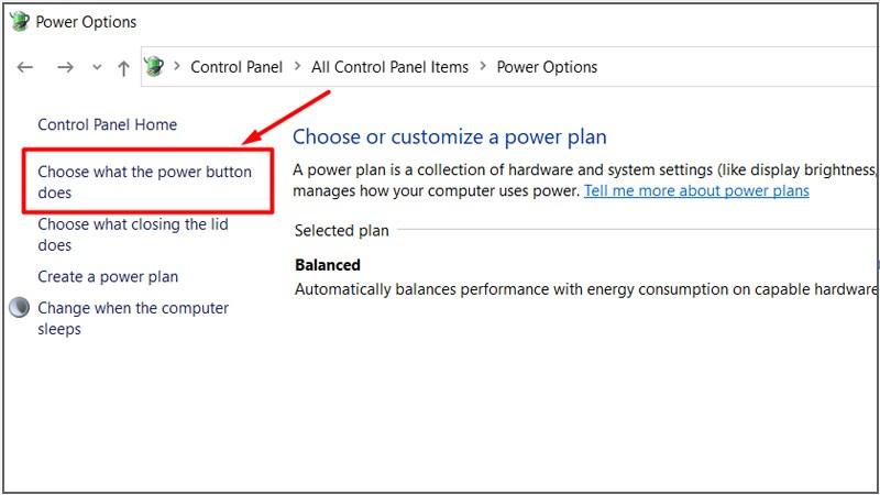 Tại Control Panel Home > Chọn mục Choose what the power buttons do 