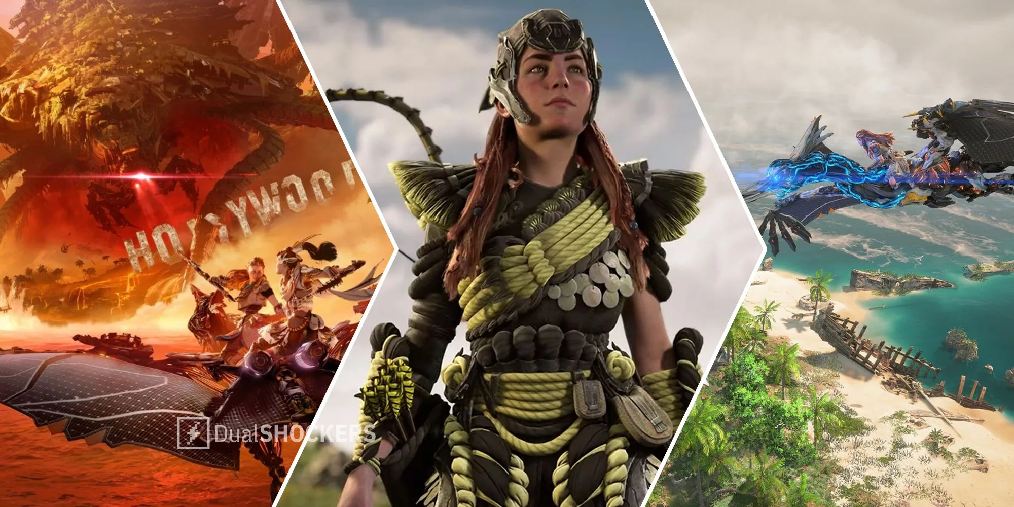 Aloy cưỡi Strider qua khu Hollywood đổ nát trong Horizon Forbidden West The Burning Shores