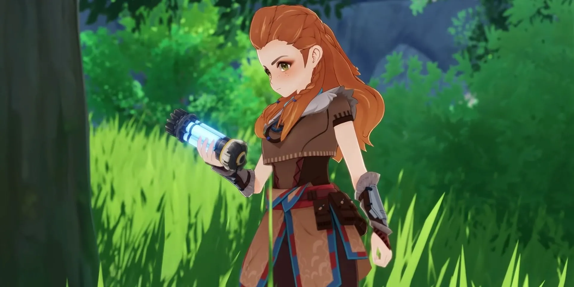 Aloy từ Horizon trong tạo hình anime chiến đấu tại Genshin Impact