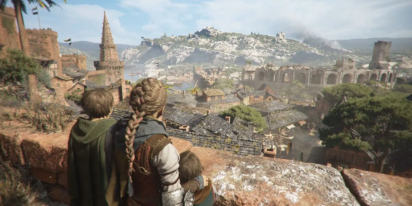 Amicia và Hugo nhìn thành phố trong A Plague Tale Requiem