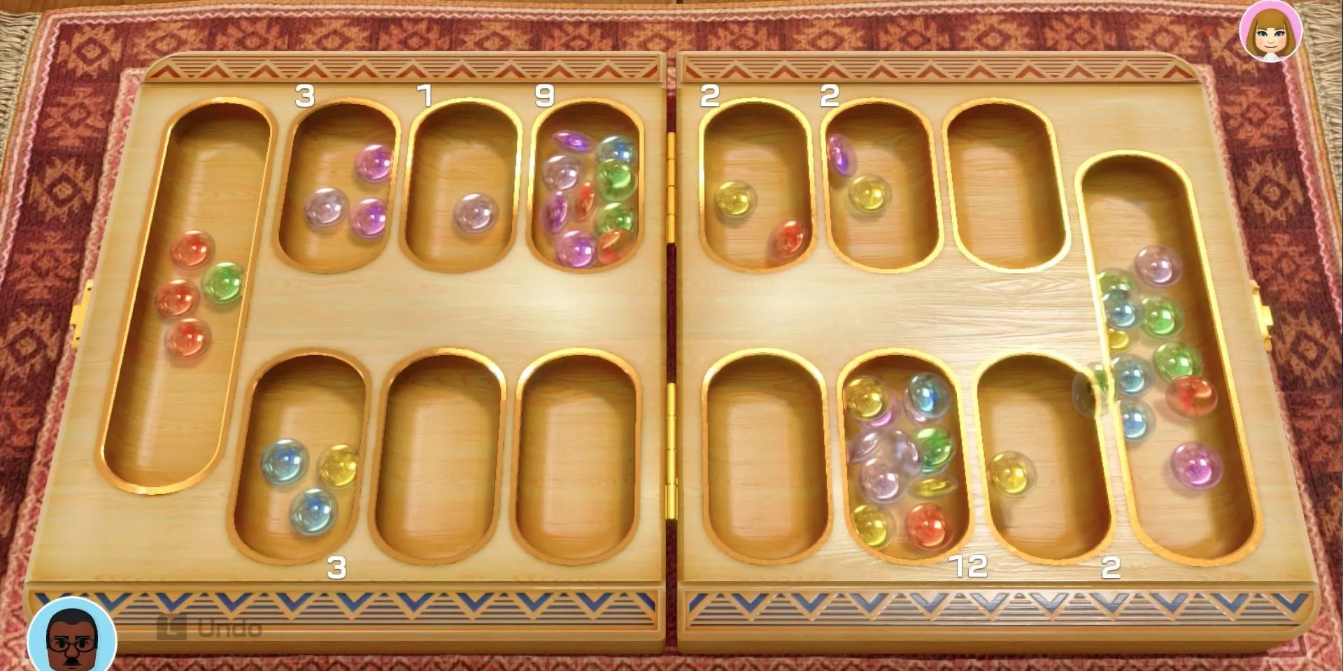 Ảnh chụp màn hình Clubhouse Games 51 Worldwide Classics, trong trận đấu Mancala