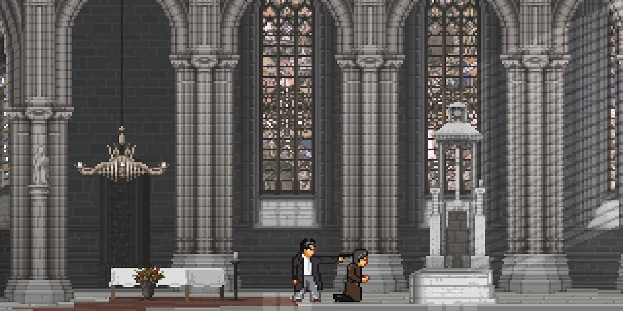 Ảnh chụp màn hình game Arrest of a Stone Buddha với đồ họa pixel art, thể hiện cảnh hành động bạo lực.
