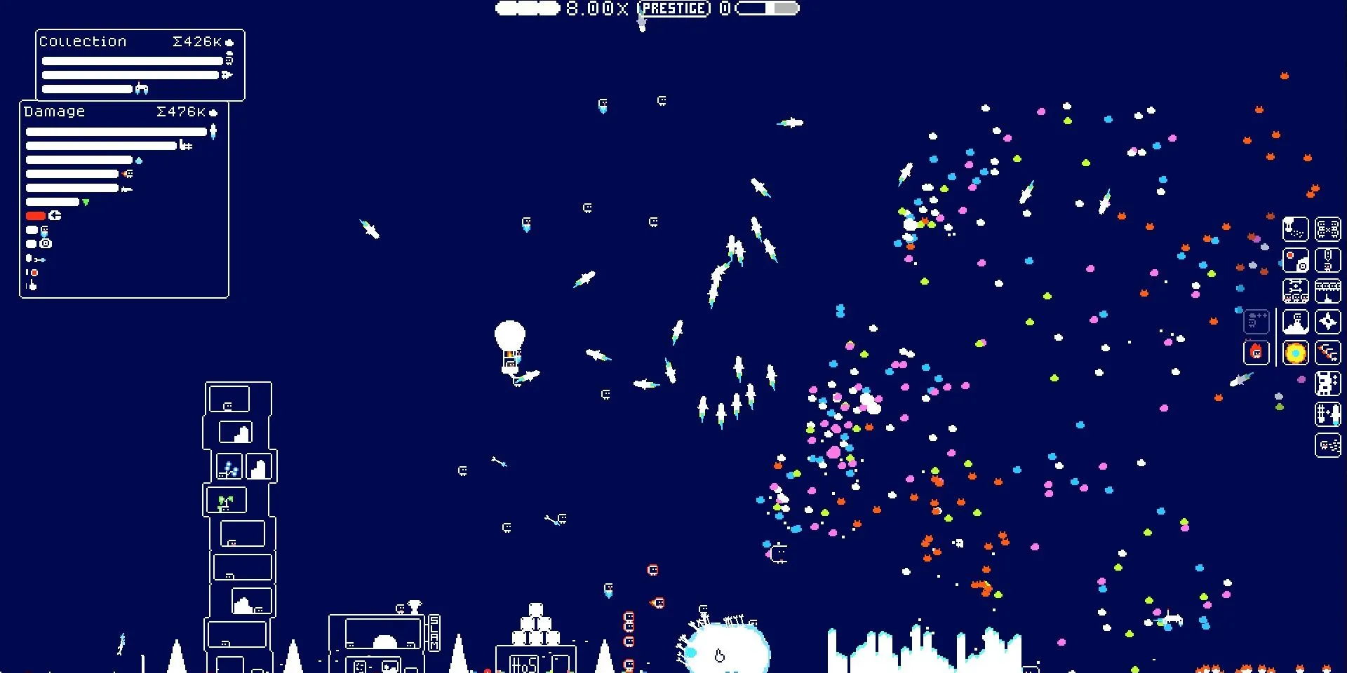 Ảnh chụp màn hình game (the) Gnorp Apologue với tên lửa, mảnh đá và các gnorp bay khắp nơi - một game idle đồ họa tối giản