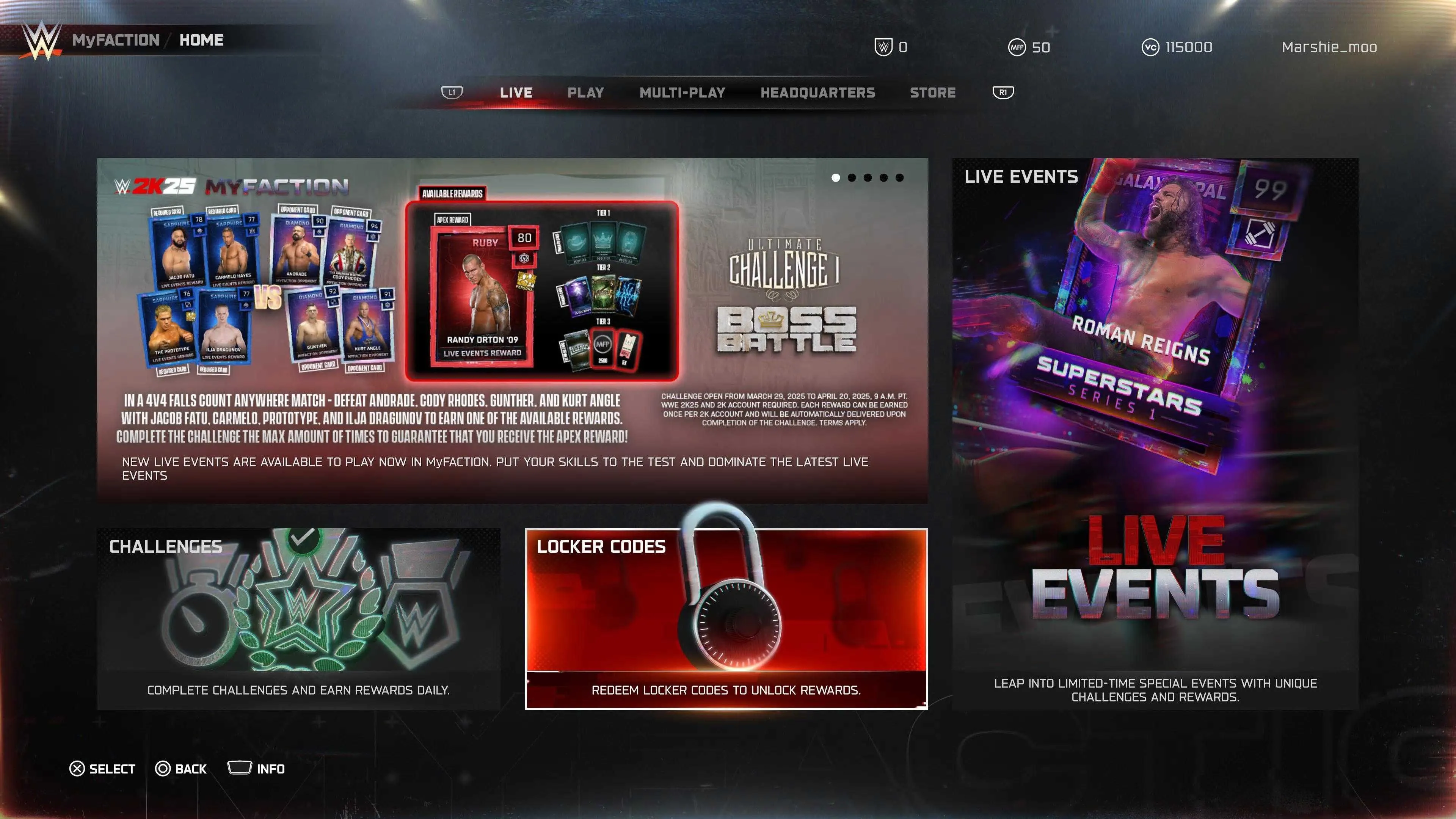 Ảnh chụp màn hình giao diện nhập Locker Code trong WWE 2K25 MyFaction