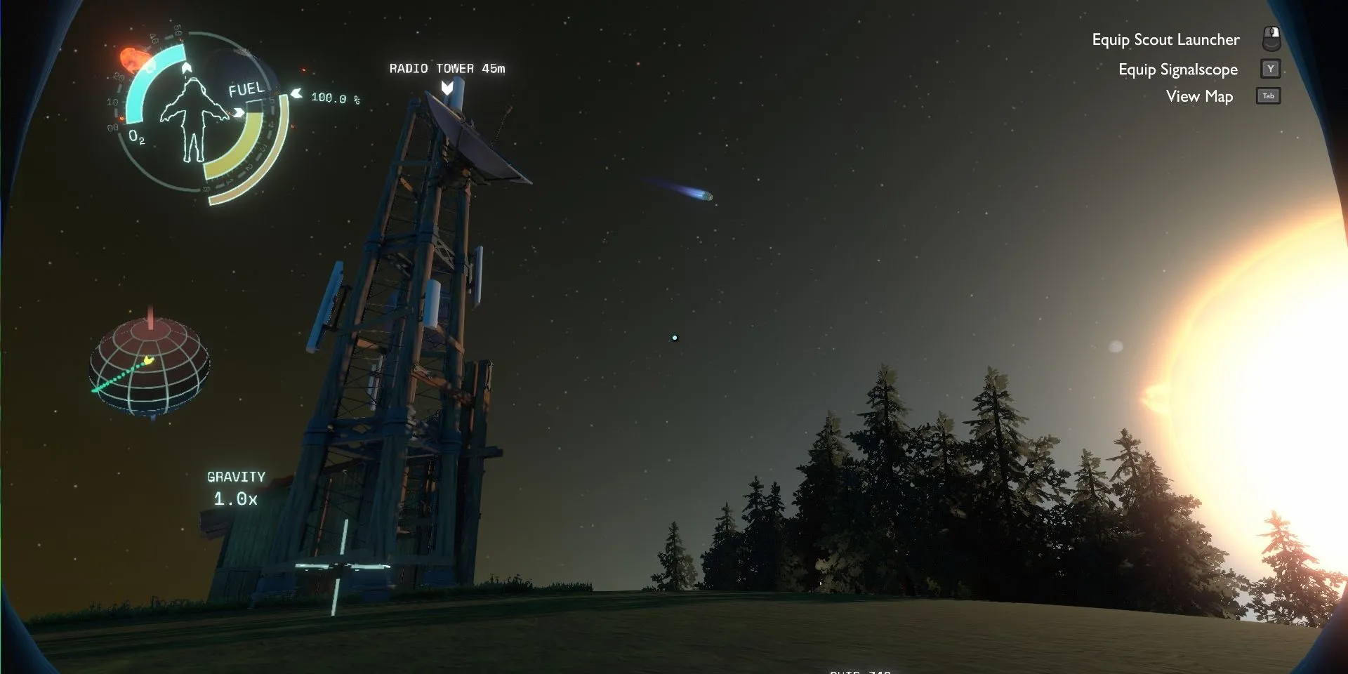 Ảnh chụp màn hình Outer Wilds: Echoes of the Eye, hiển thị Tháp Radio Hearthian