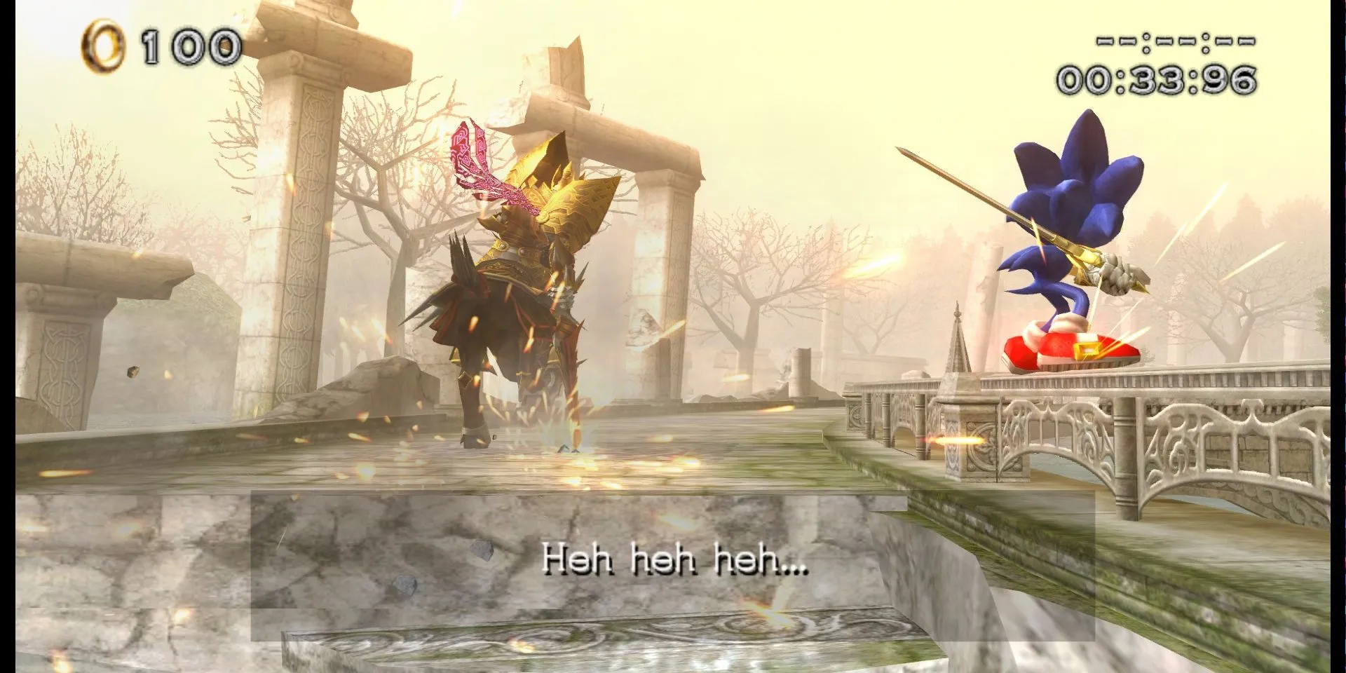 Ảnh chụp màn hình Sonic and the Black Knight, với Sonic lướt trên đường ray để đuổi kịp Vua Arthur.