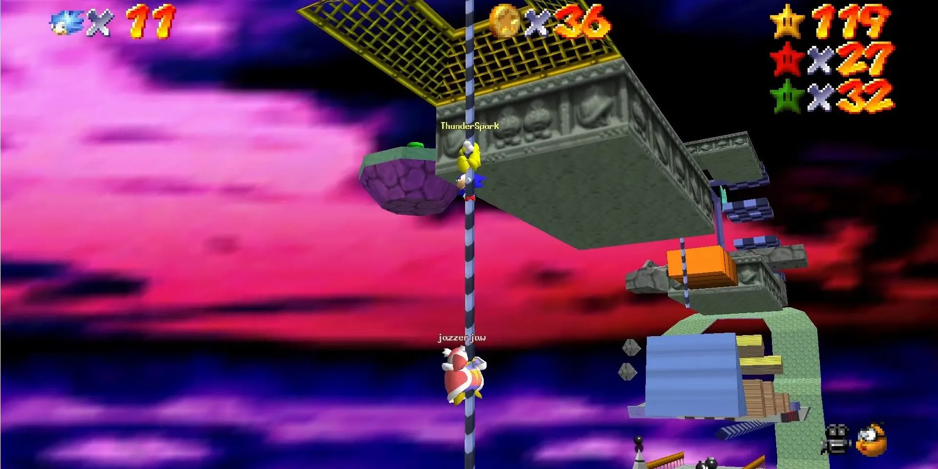 Ảnh chụp màn hình Super Mario 64 Co-Op DX với Sonic, King Dedede, và Mega Man X trong một màn chơi của Bowser