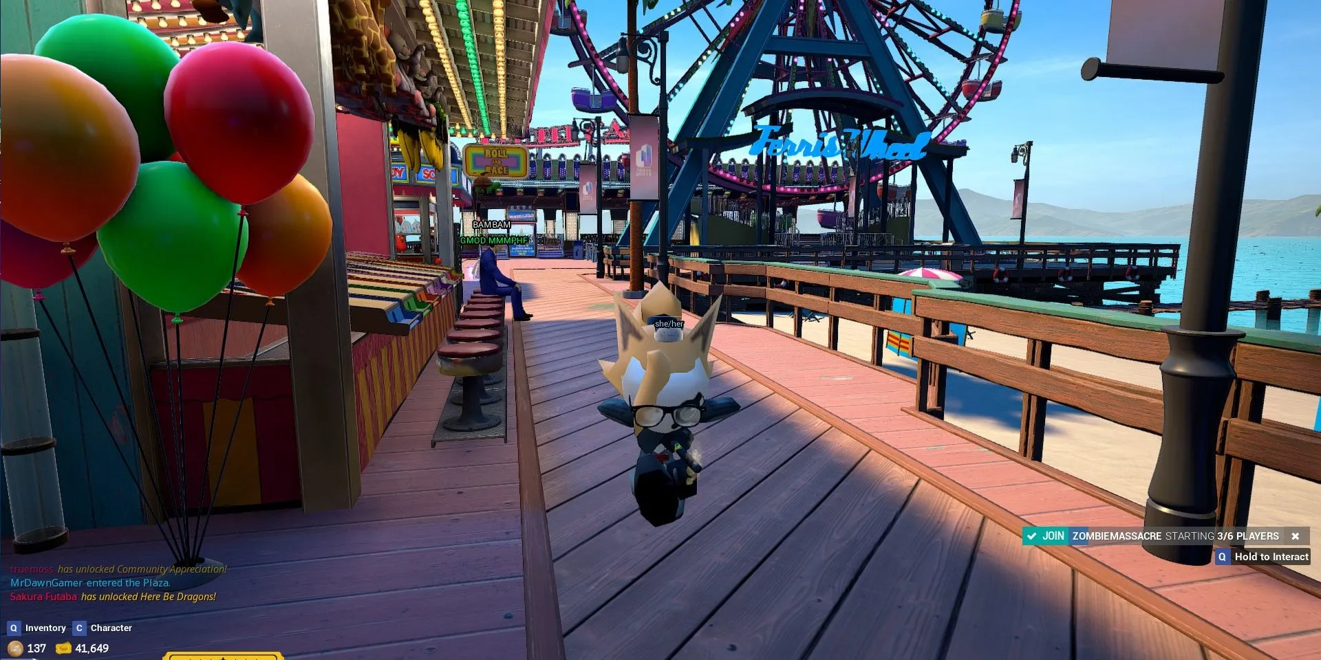 Ảnh chụp màn hình Tower Unite, với một mô hình Whisper the Wolf đang nhảy múa trên Boardwalk trước vòng đu quay và Phoenix Wright.