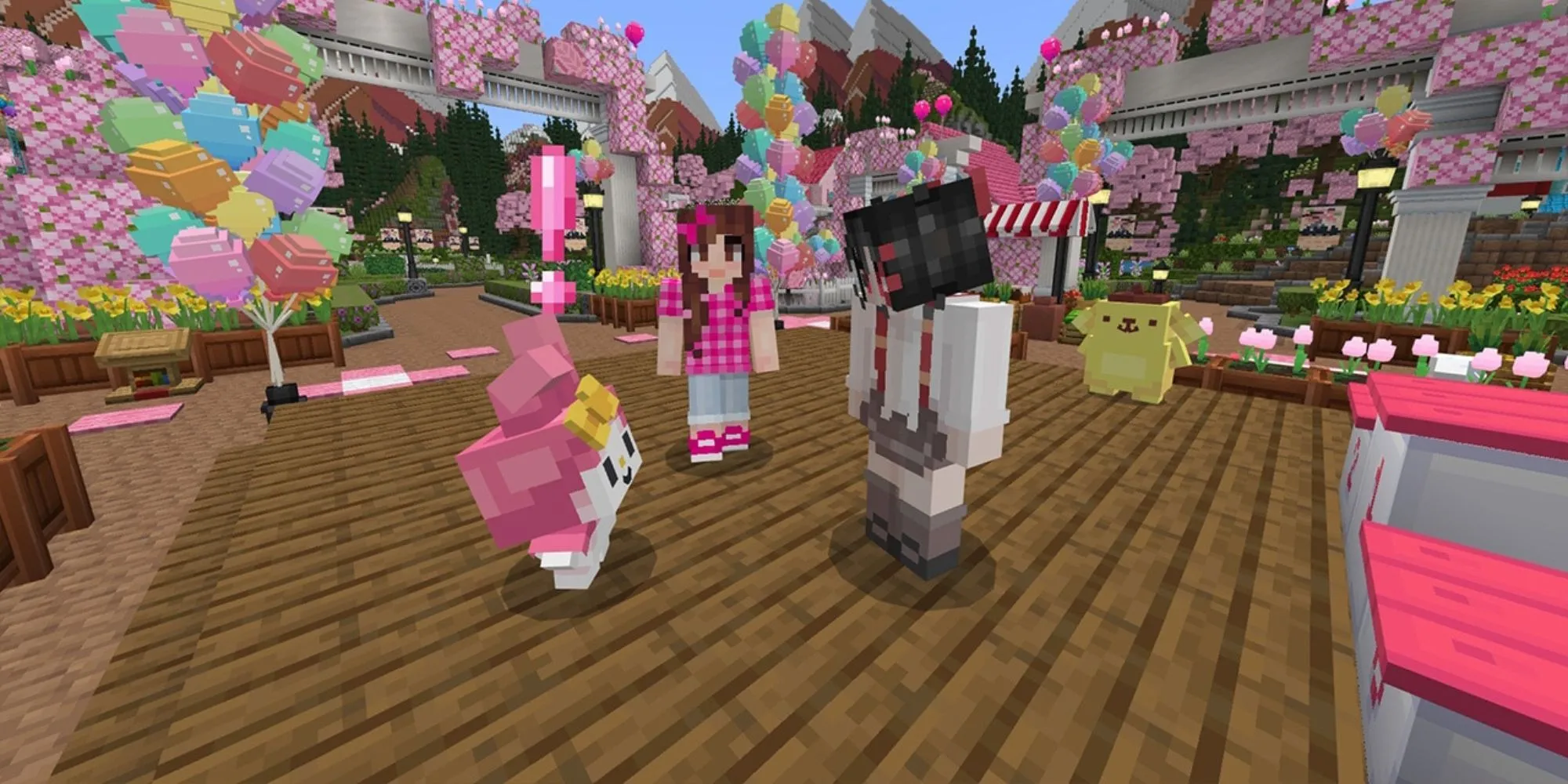 Ảnh chụp màn hình trong game Minecraft với chủ đề Hello Kitty và những người bạn DLC