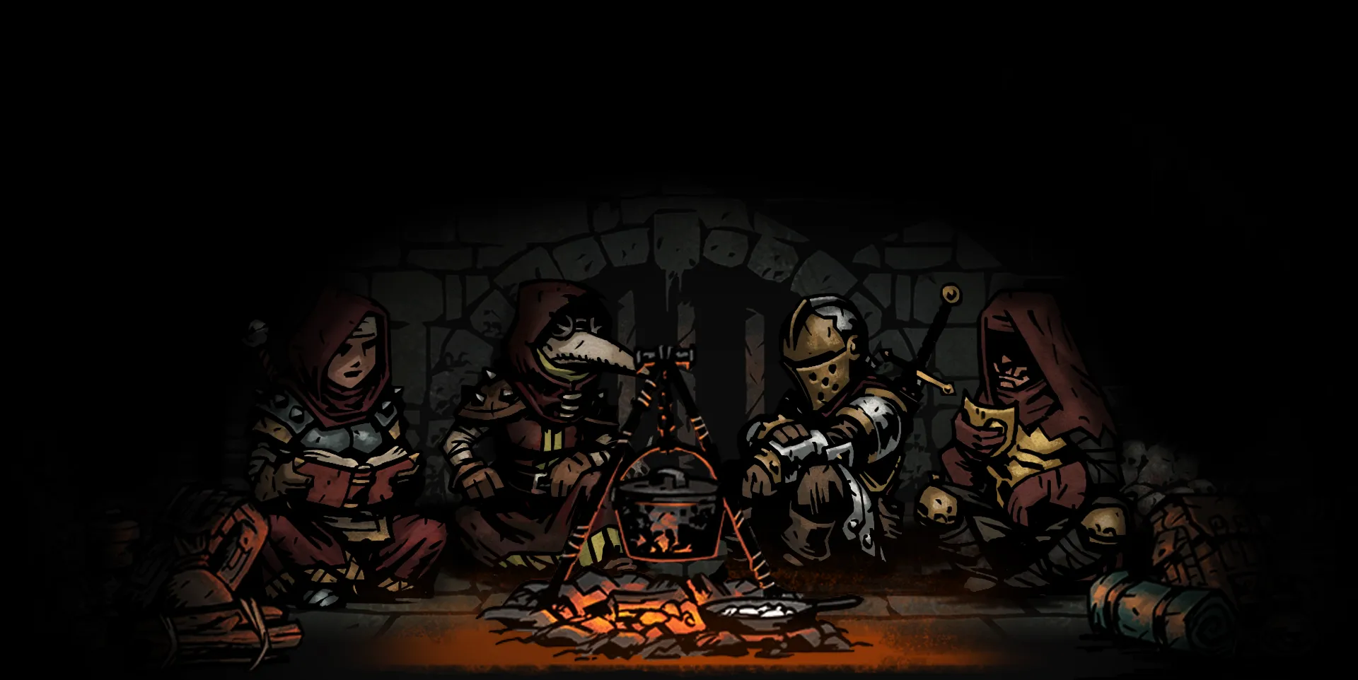 Ảnh chụp màn hình tựa game Darkest Dungeon với các nhân vật đang chiến đấu