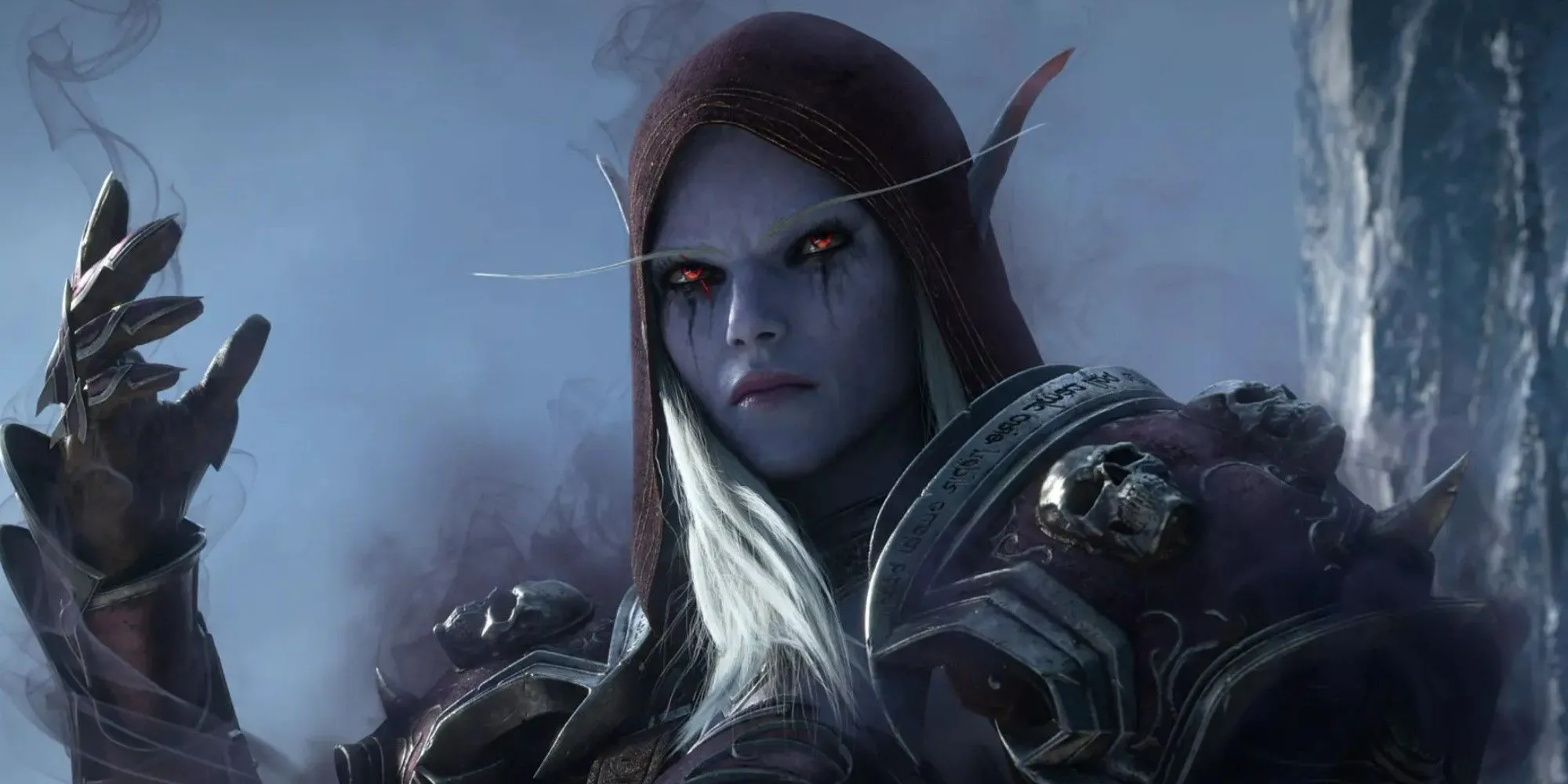 Ảnh chụp màn hình World of Warcraft Shadowlands cho thấy khu vực môi trường game có nhiều tòa nhà và bầu trời tím