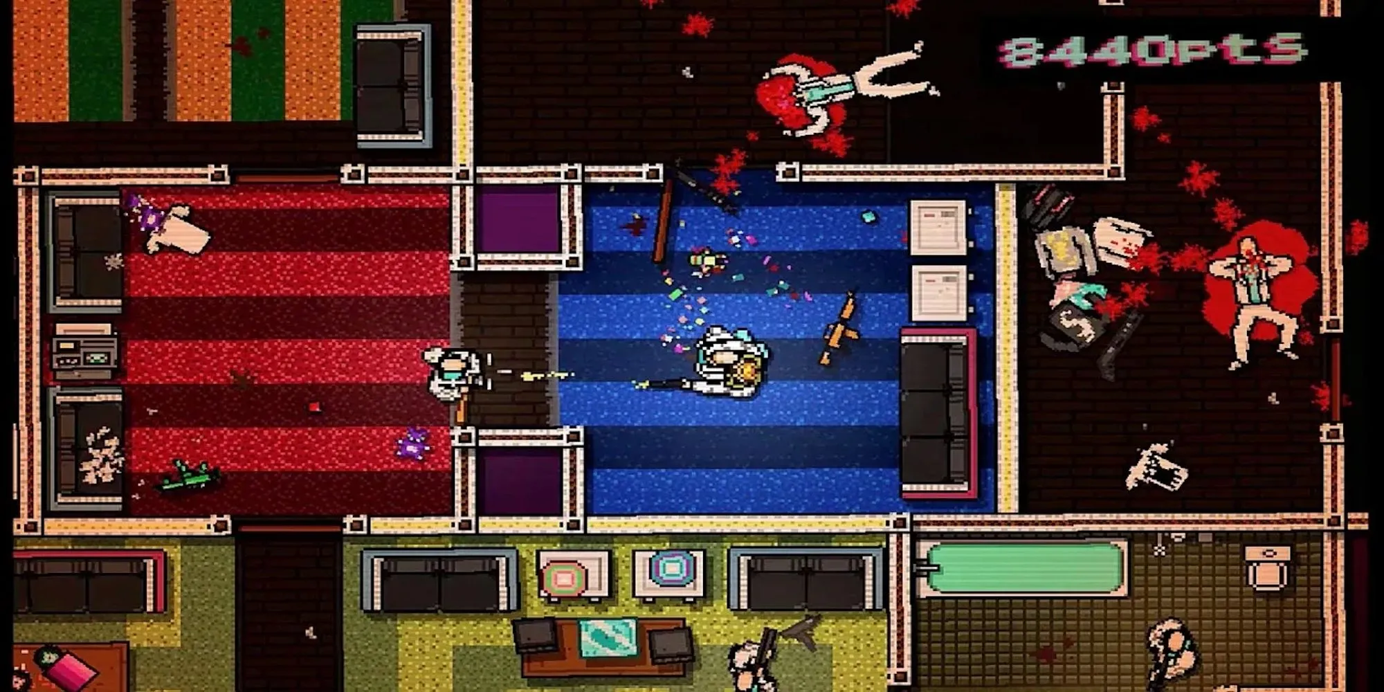 Ảnh gameplay góc nhìn từ trên xuống của Hotline Miami, nhân vật chính đang đối đầu với nhiều kẻ địch.