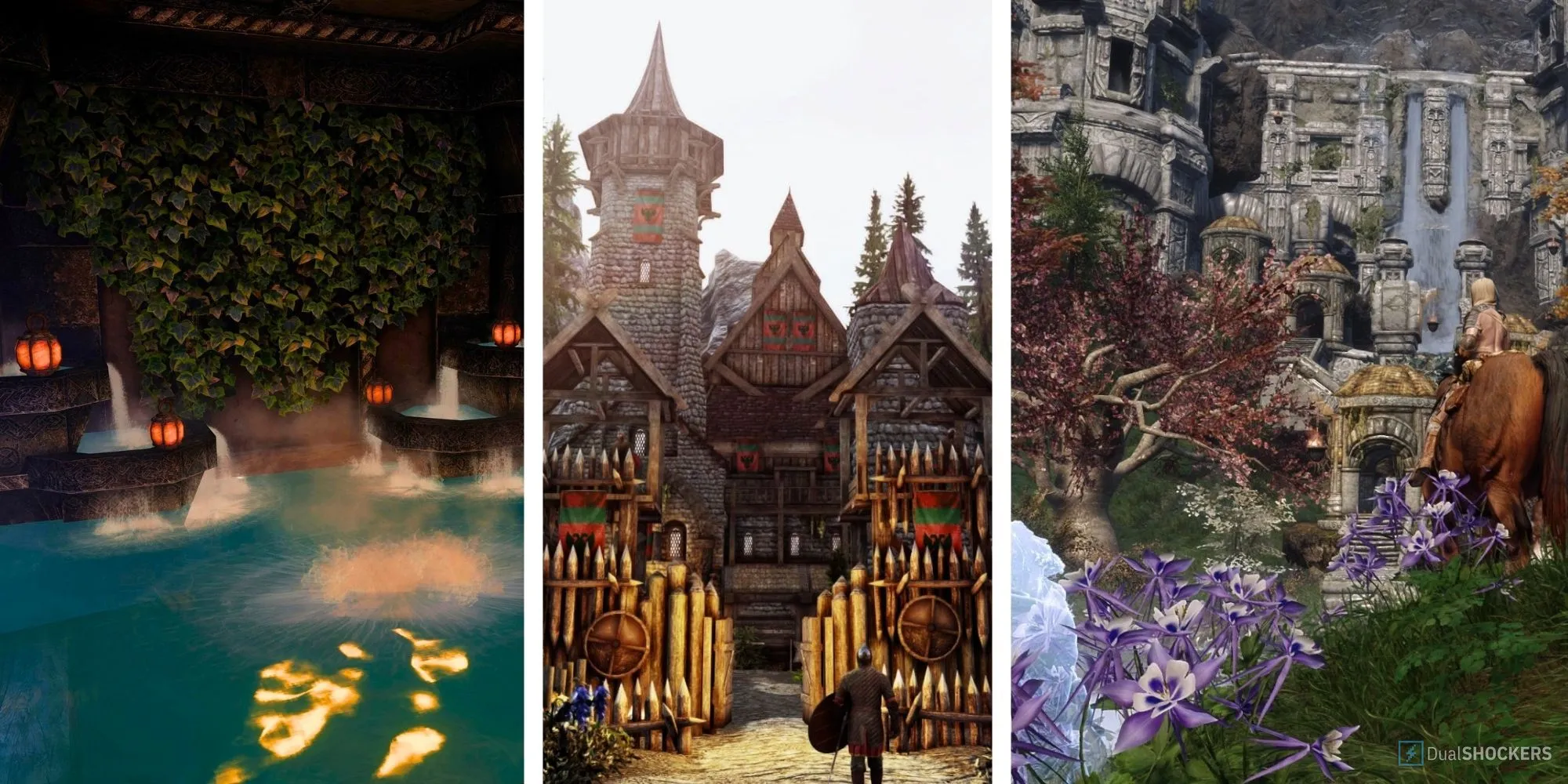 Ảnh ghép các mod nhà Skyrim: bồn tắm, lâu đài, và nhân vật cưỡi ngựa trước thác nước