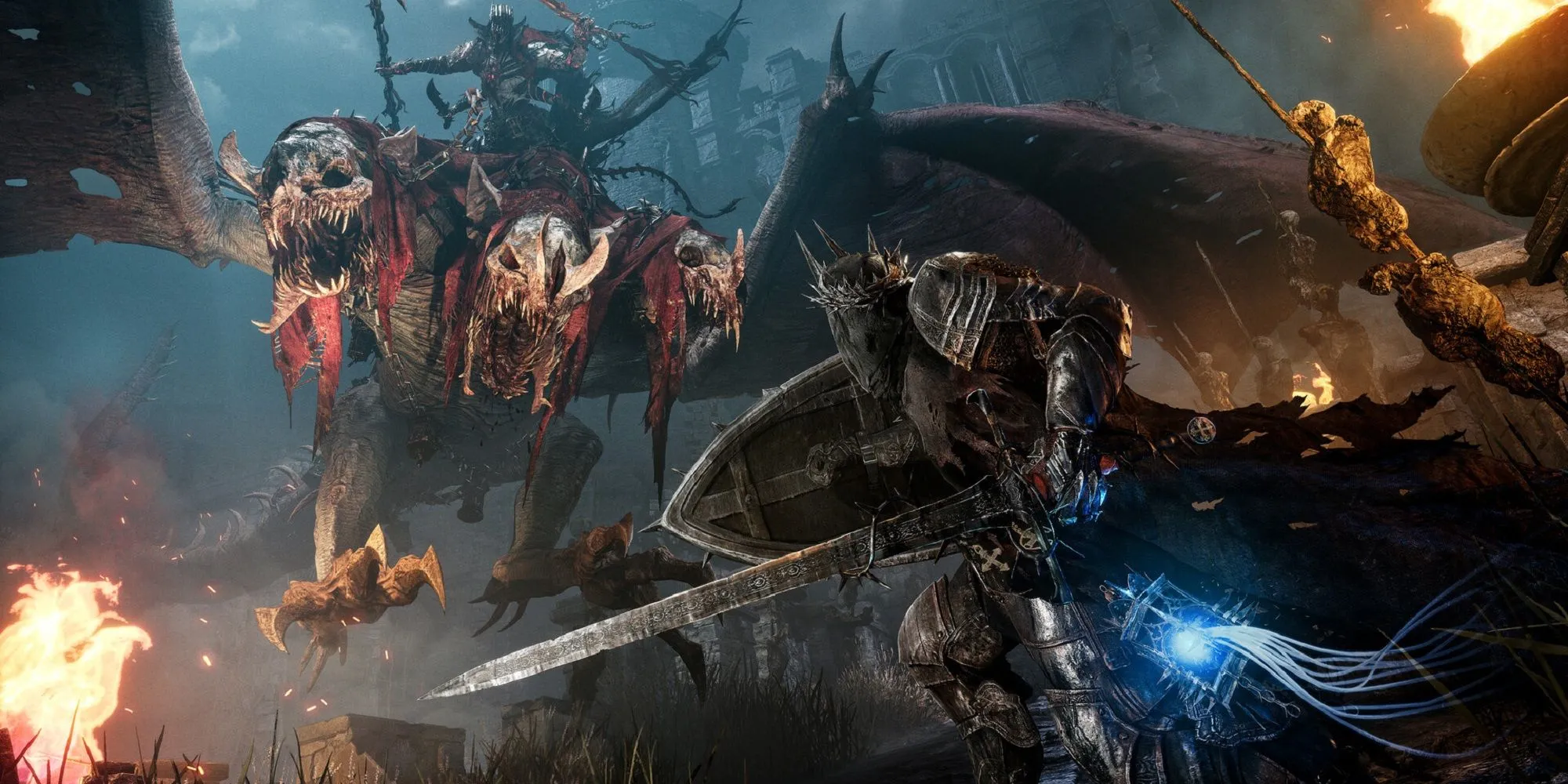 Ảnh logo game Lords of the Fallen (2023) kèm ngày phát hành và hình ảnh nhân vật, minh họa cho tựa game Souls-like bán chạy lúc đầu