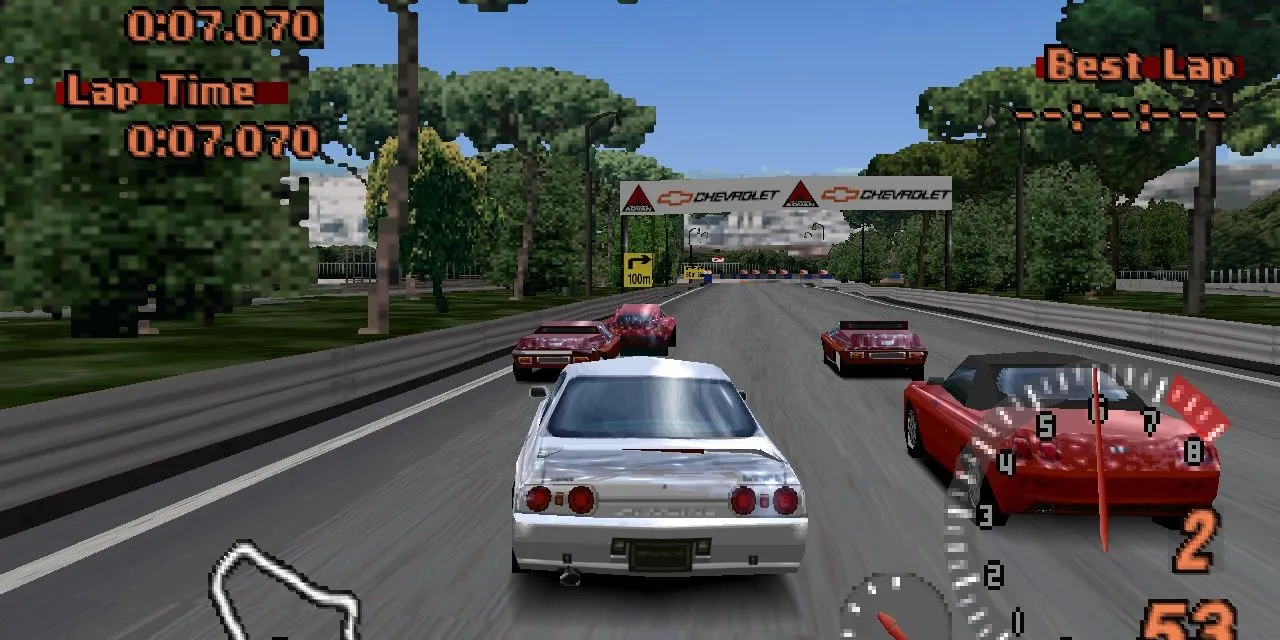 Ảnh minh họa gameplay Gran Turismo thời kỳ PS1, cho thấy đồ họa và trải nghiệm lái xe ban đầu
