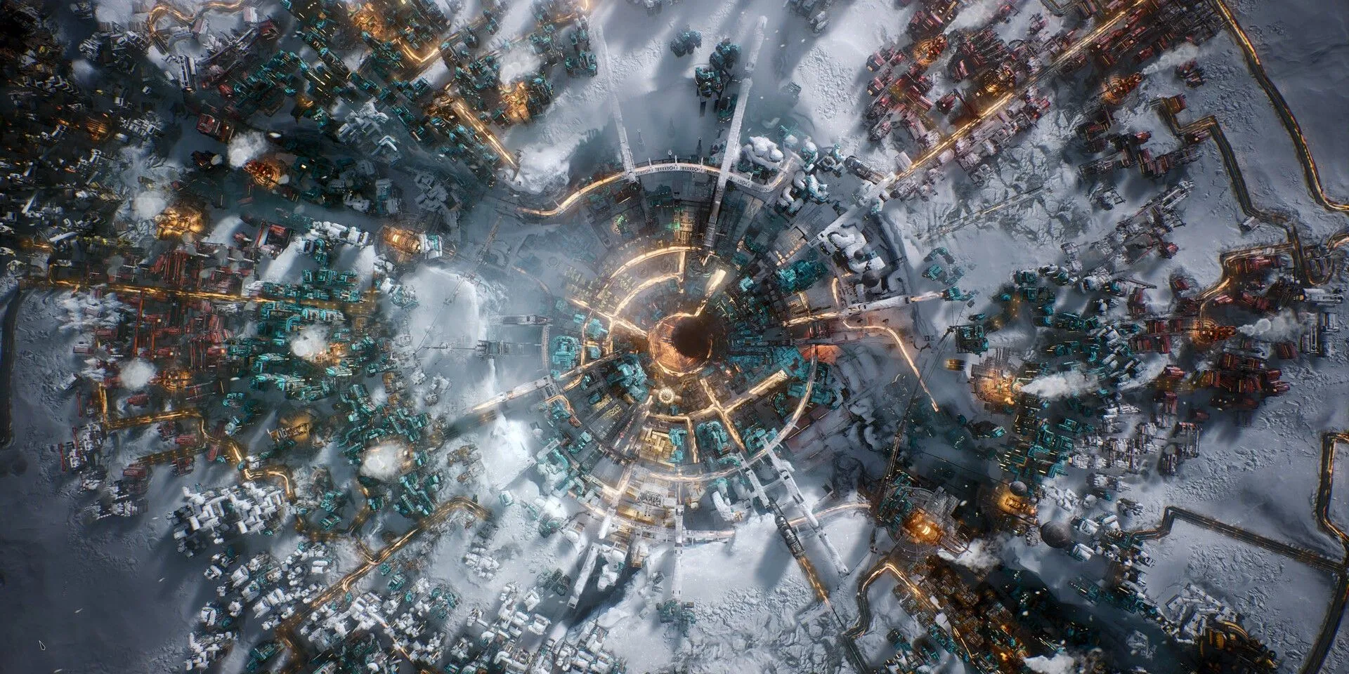 Ảnh minh họa lối chơi xây dựng thành phố trong game Frostpunk 2, nhấn mạnh sự khắc nghiệt của mùa đông vĩnh cửu.