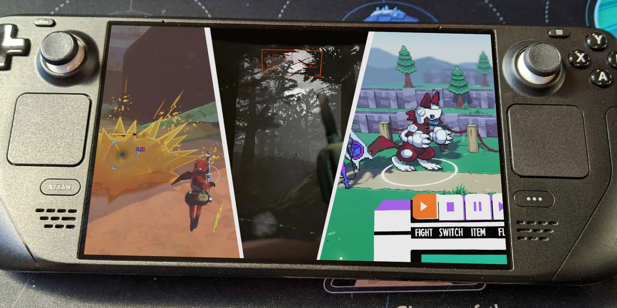 Ảnh thumbnail cho các game Indie hay nhất trên Steam Deck, với hình ảnh của Risk of Rain 2, Lethal Company, và Cassette Beasts.