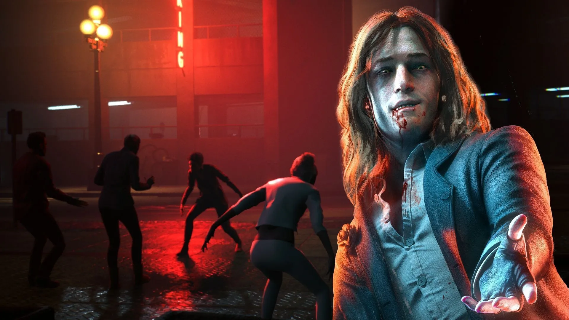 Áp phích nhân vật chính Phyre của Vampire: The Masquerade - Bloodlines 2 nhìn ra thành phố