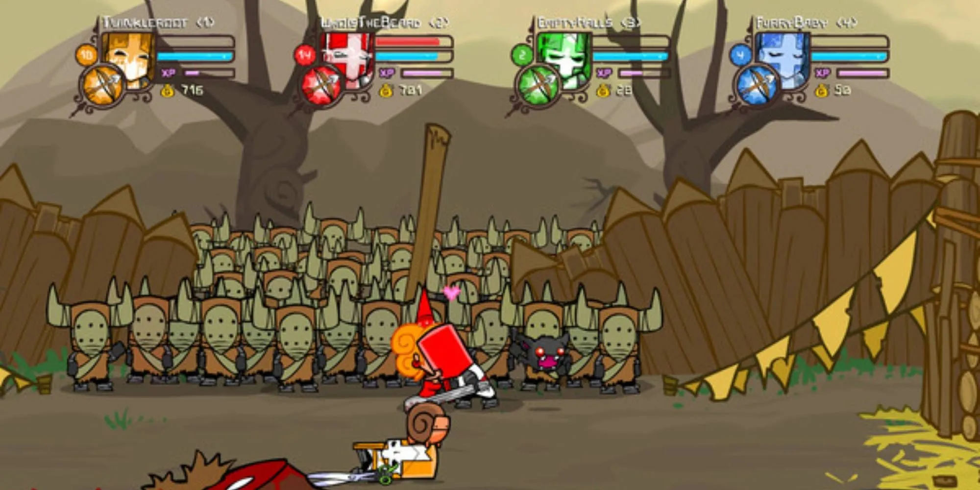 Ba hiệp sĩ đầy màu sắc chiến đấu trong game Castle Crashers