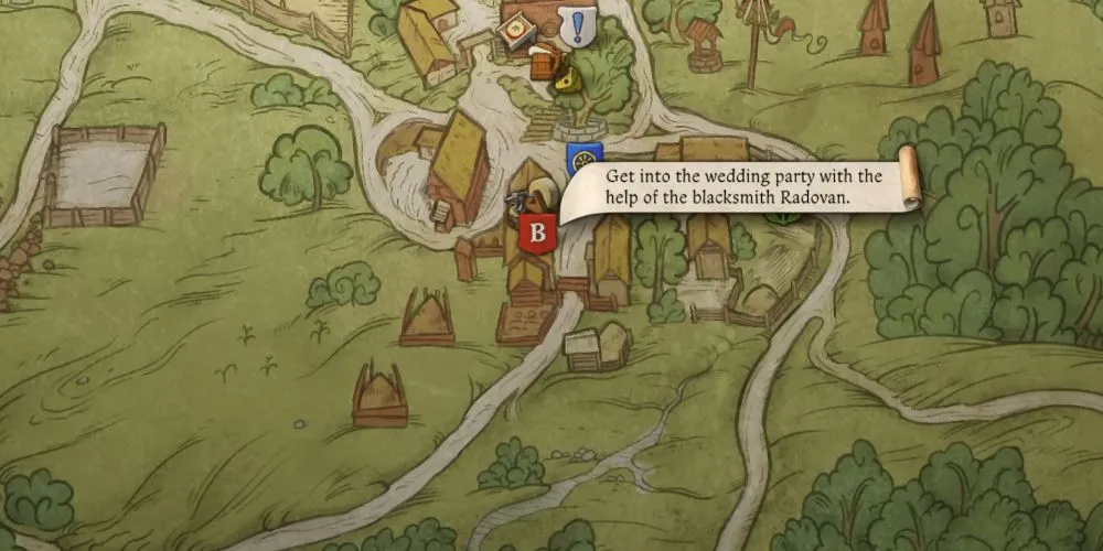 Bản đồ Kingdom Come Deliverance 2 chỉ vị trí Radovan trước sự kiện đám cưới