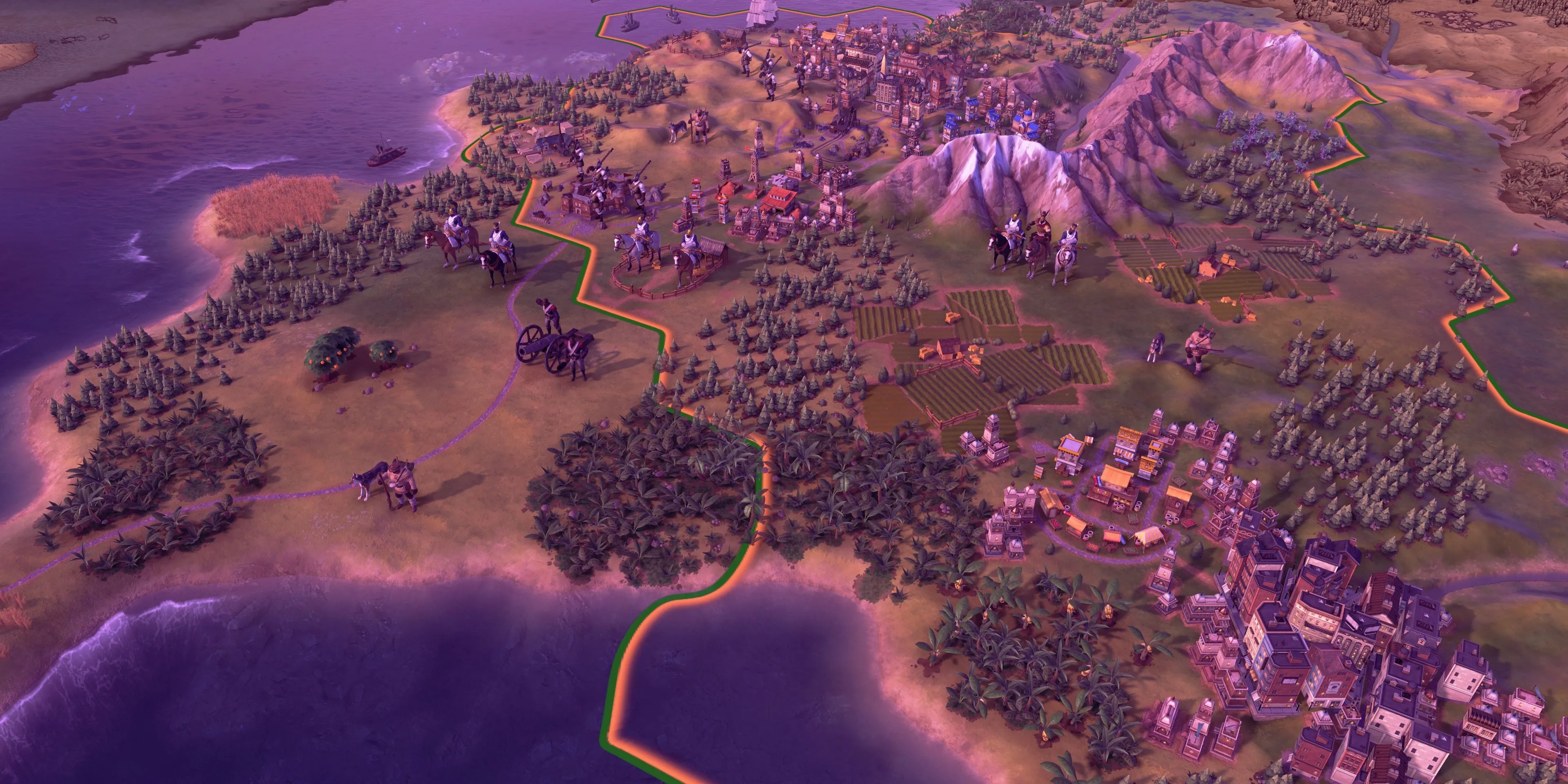 Bản đồ thế giới trong Civilization VI nhìn từ xa với các vùng đất và thành phố