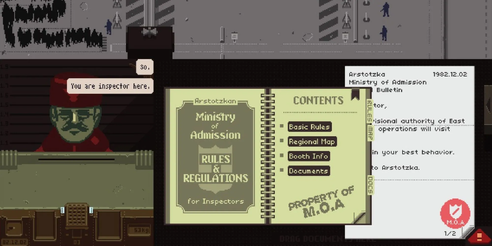 Bàn làm việc của nhân viên hải quan trong game mô phỏng Papers, Please