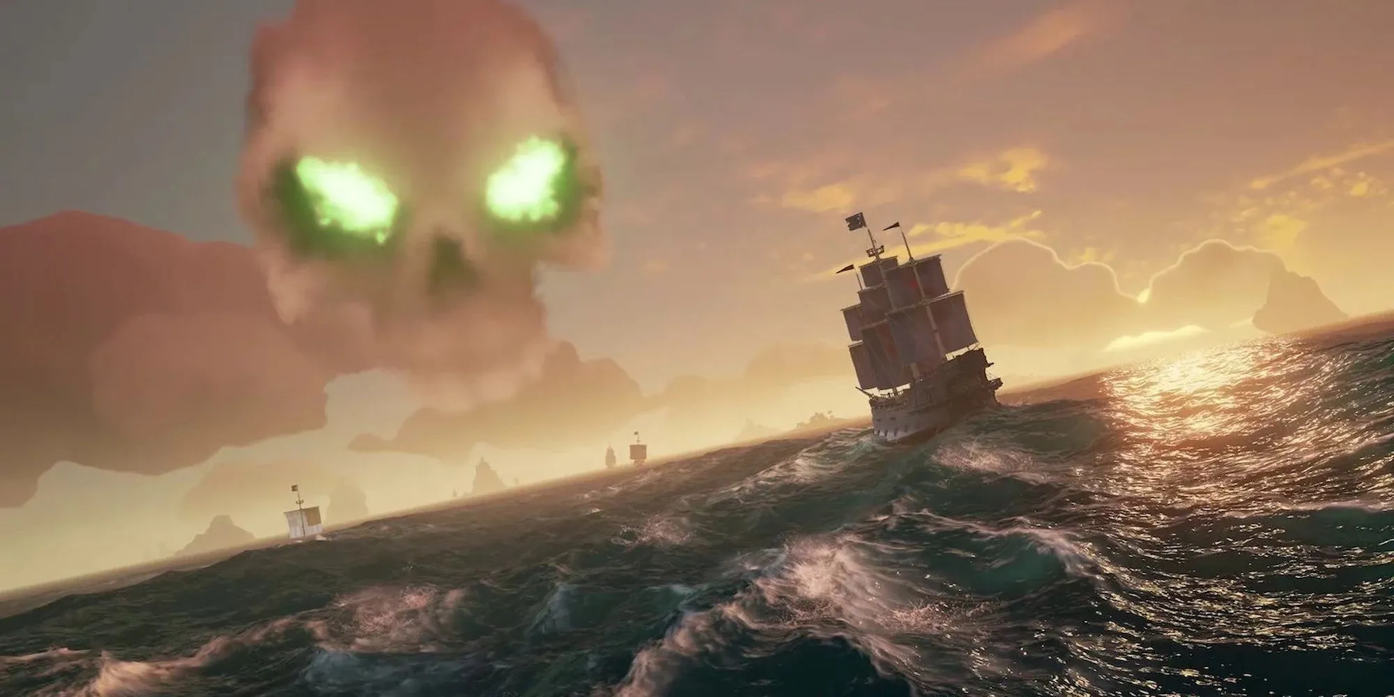 Bầu trời Sea of Thieves với hình ảnh đầu lâu báo hiệu cuộc phiêu lưu cướp biển