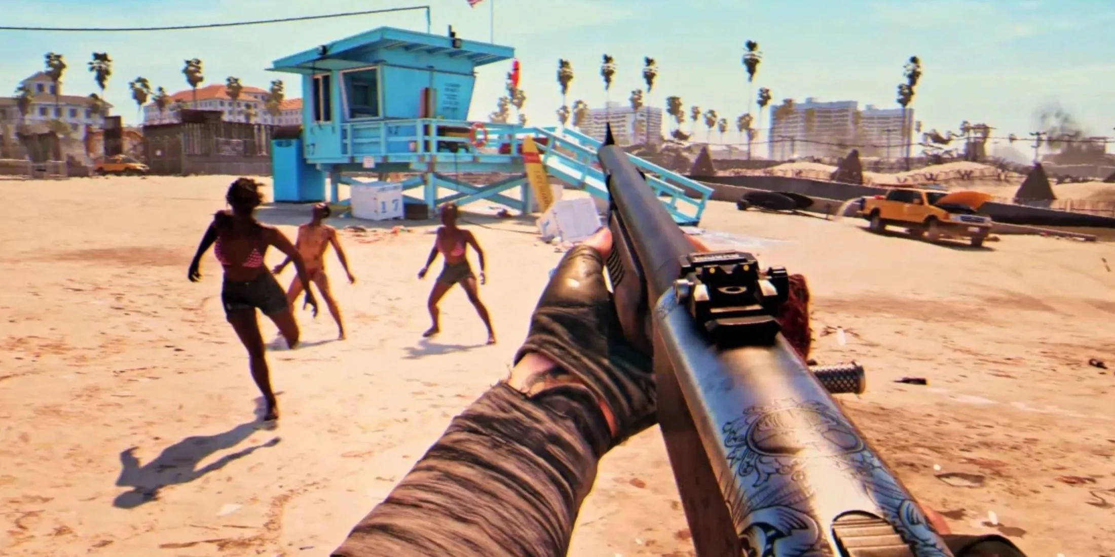 Bầy zombie trên bãi biển trong Dead Island 2, một khung cảnh quen thuộc của LA bị tàn phá