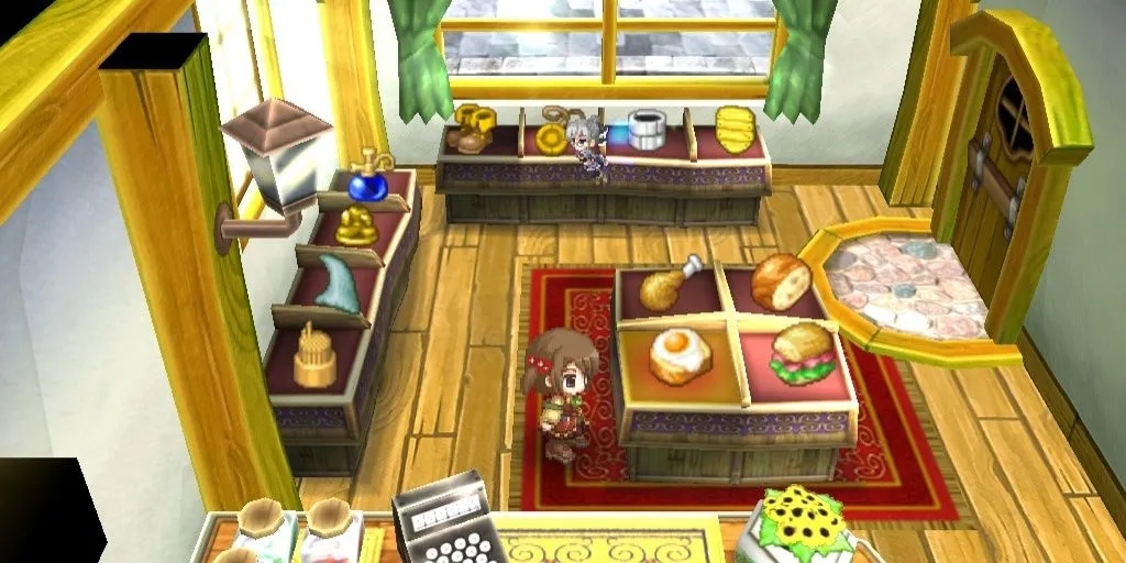 Bên trong cửa hàng vật phẩm trong Recettear: An Item Shop's Tale với các kệ hàng và nhân vật Recette