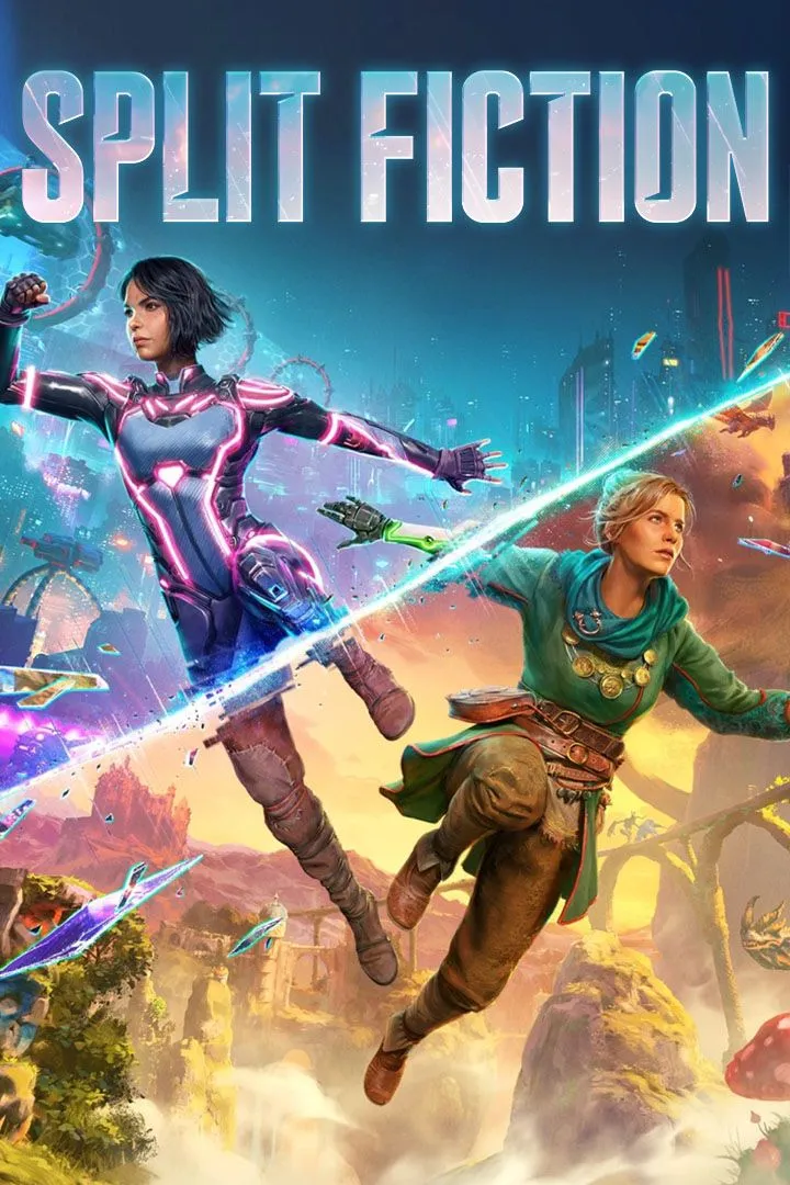 Bìa game Split Fiction chính thức, nổi bật với hai nhân vật hợp tác trong một thế giới khoa học viễn tưởng và kỳ ảo.