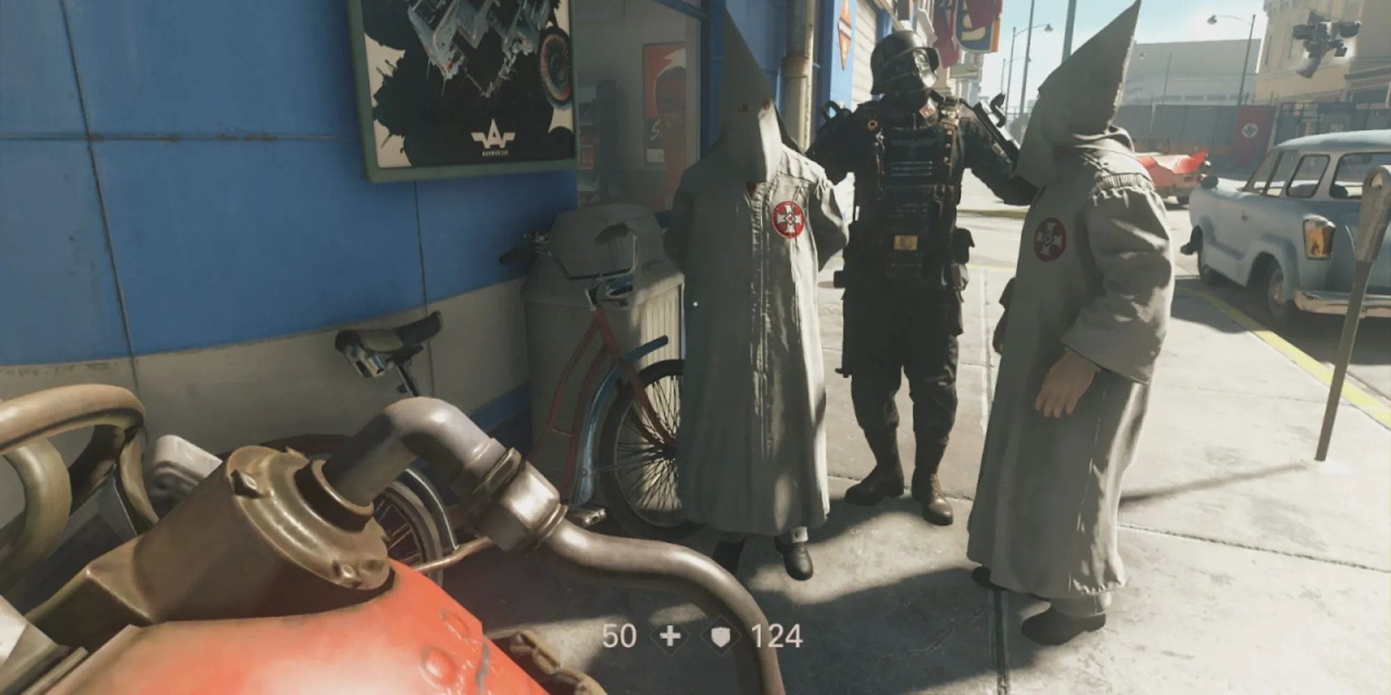 B.J. Blazkowicz trong lốt cải trang tại Mỹ ở game Wolfenstein II: The New Colossus.