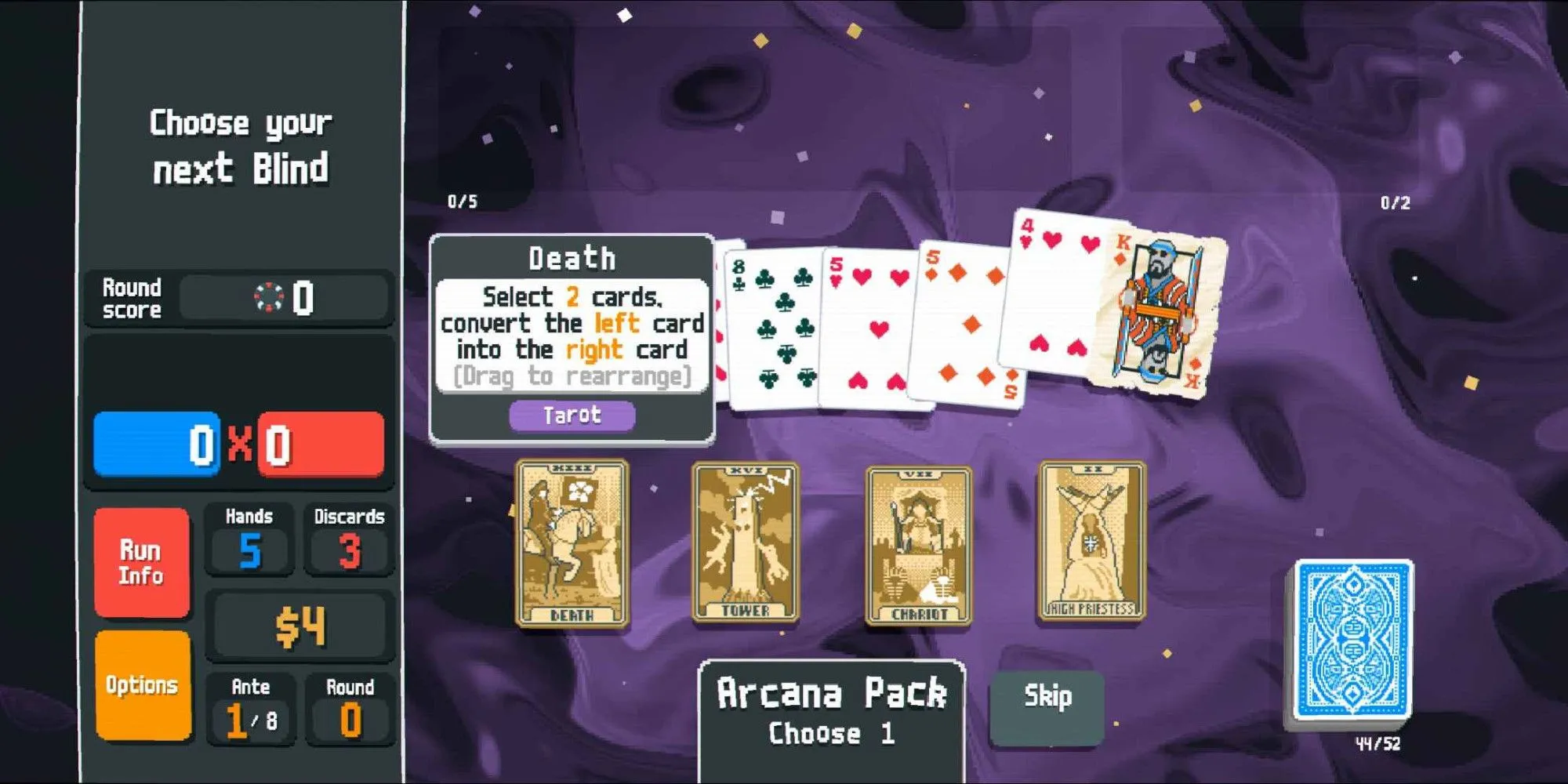 Bộ bài Arcana trong game Balatro với nhiều lá bài tarot được sắp xếp