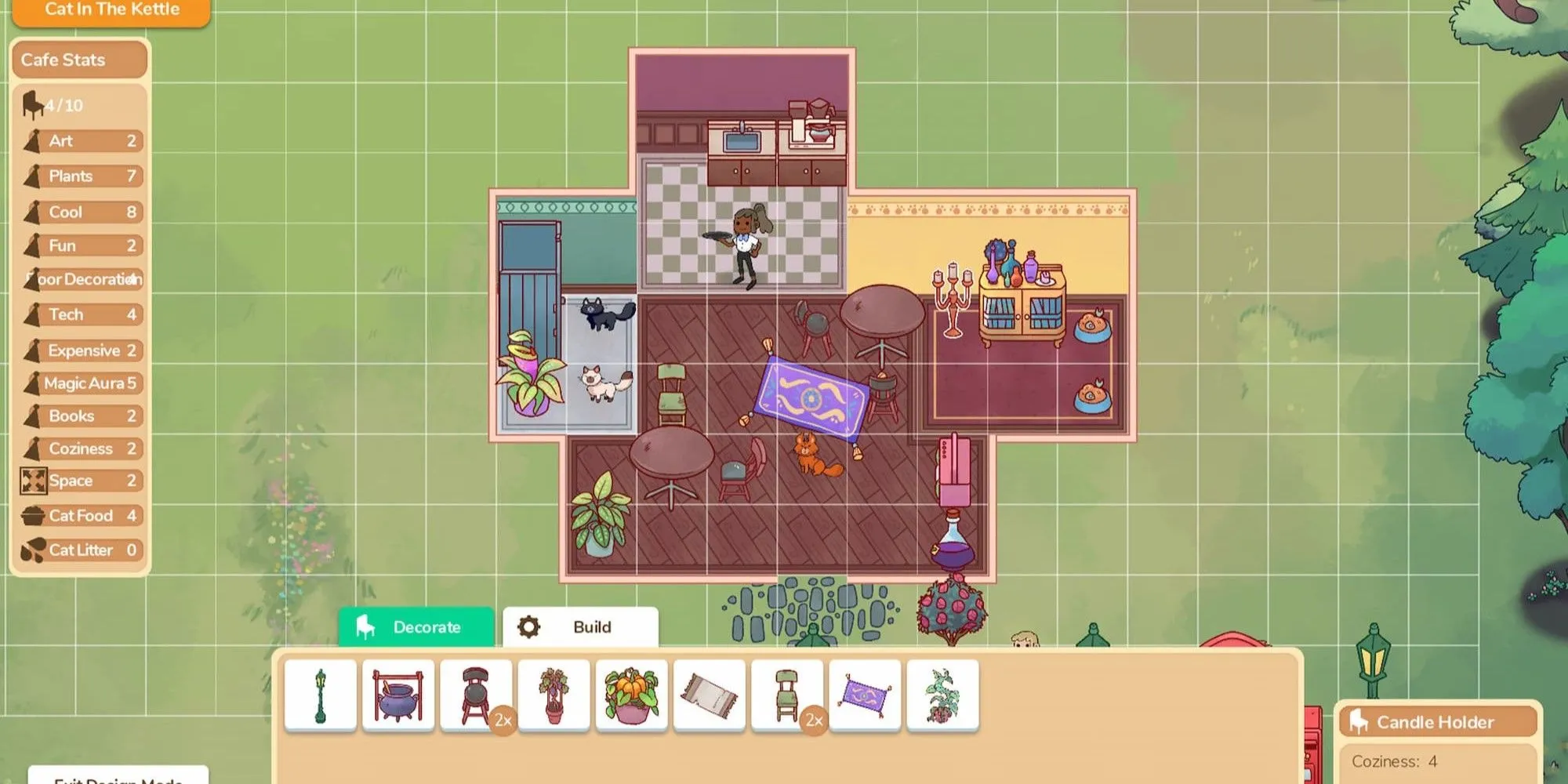 Bố cục quán cà phê nhỏ trong game quản lý Cat Cafe Manager
