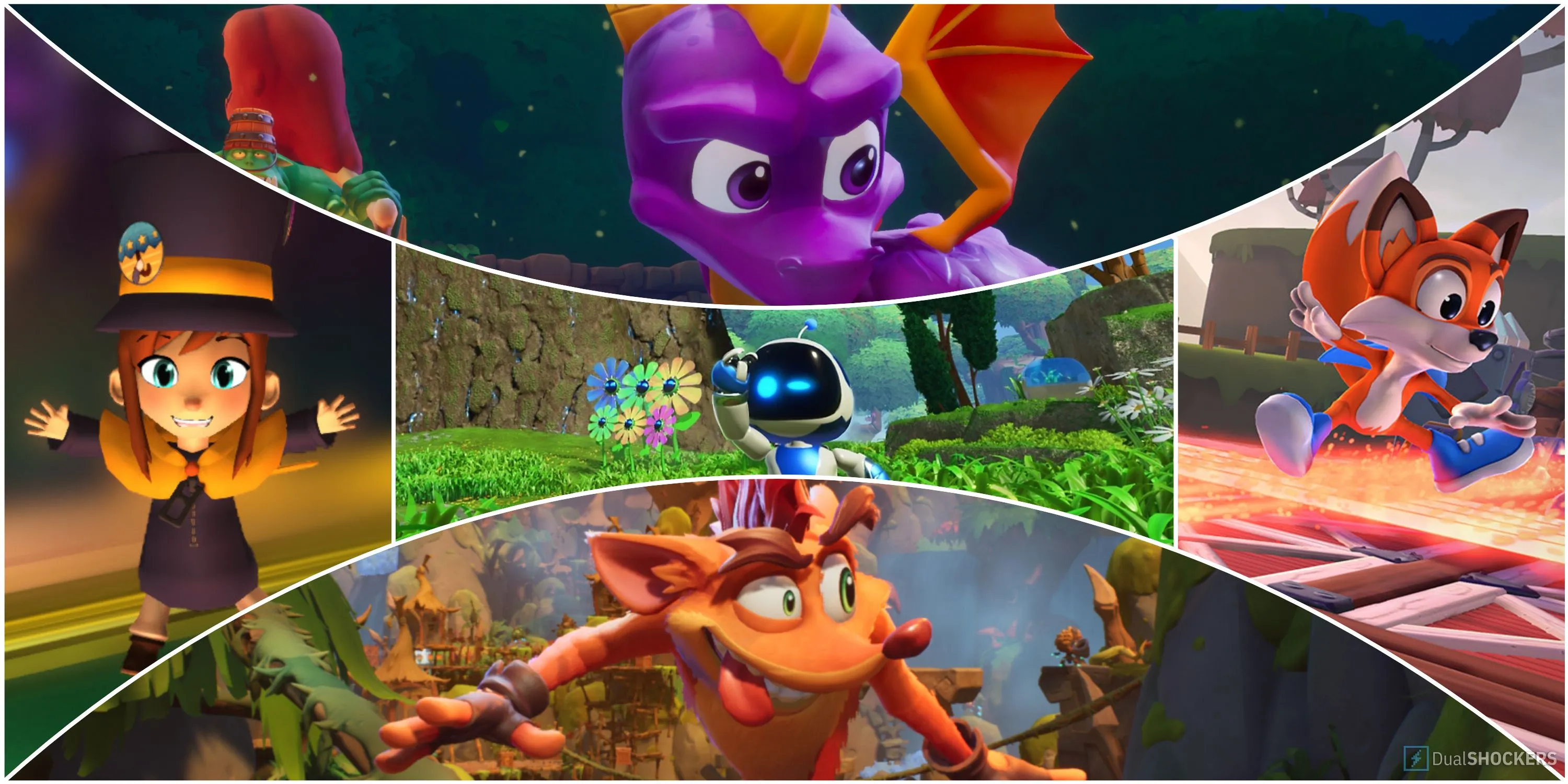 Bộ sưu tập hình ảnh các tựa game platformer tương tự Astro Bot như Spyro, Crash Bandicoot, A Hat in Time và New Super Lucky's Tale.