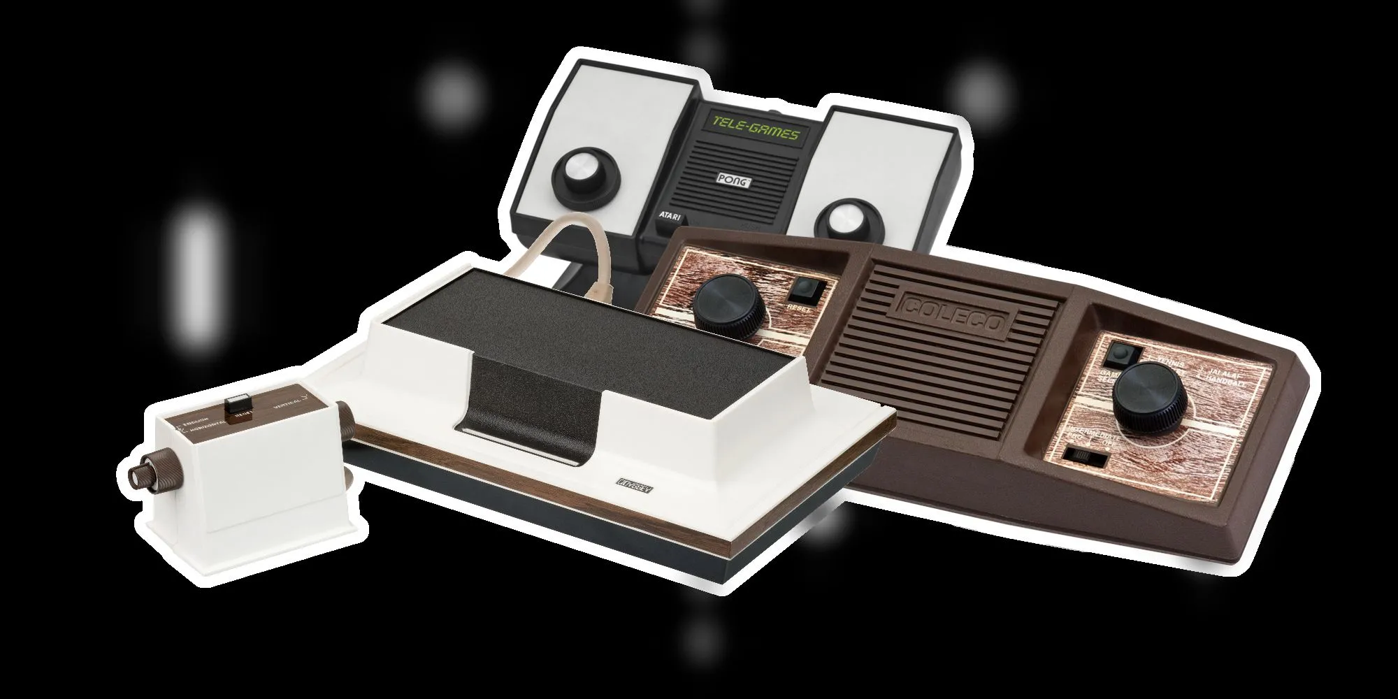Các console thế hệ thứ nhất, bao gồm Magnavox Odyssey, Pong và Coleco Telstar.