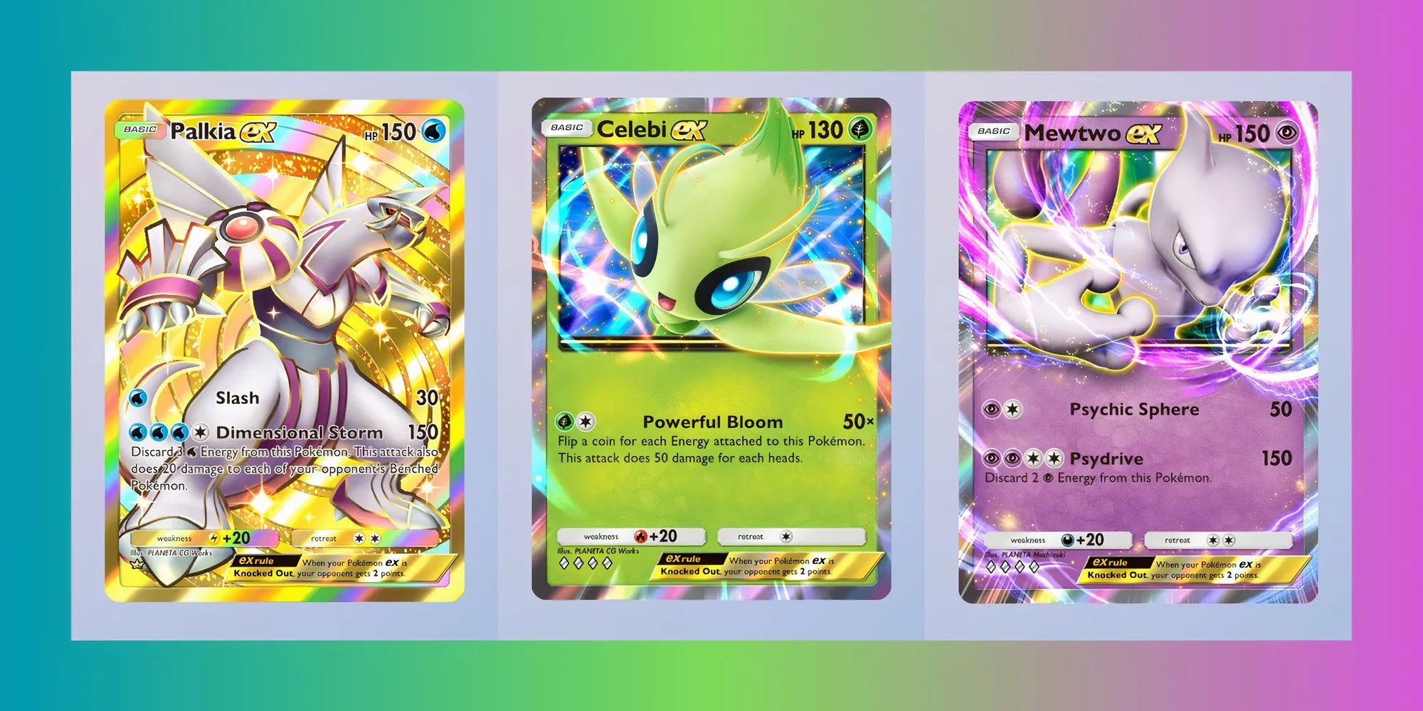 Các lá bài EX mạnh mẽ trong Pokemon TCG Pocket như Palkia EX, Celebi EX và Mewtwo EX.