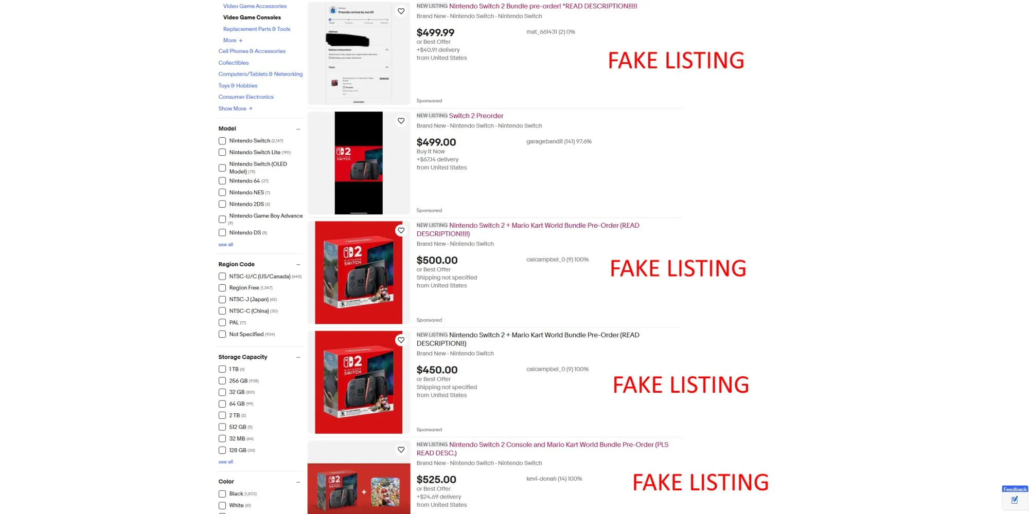 Các listing giả trên eBay cho Nintendo Switch 2, hiển thị tiêu đề cảnh báo 'VUI LÒNG ĐỌC' hoặc 'ĐÂY LÀ ẢNH'.