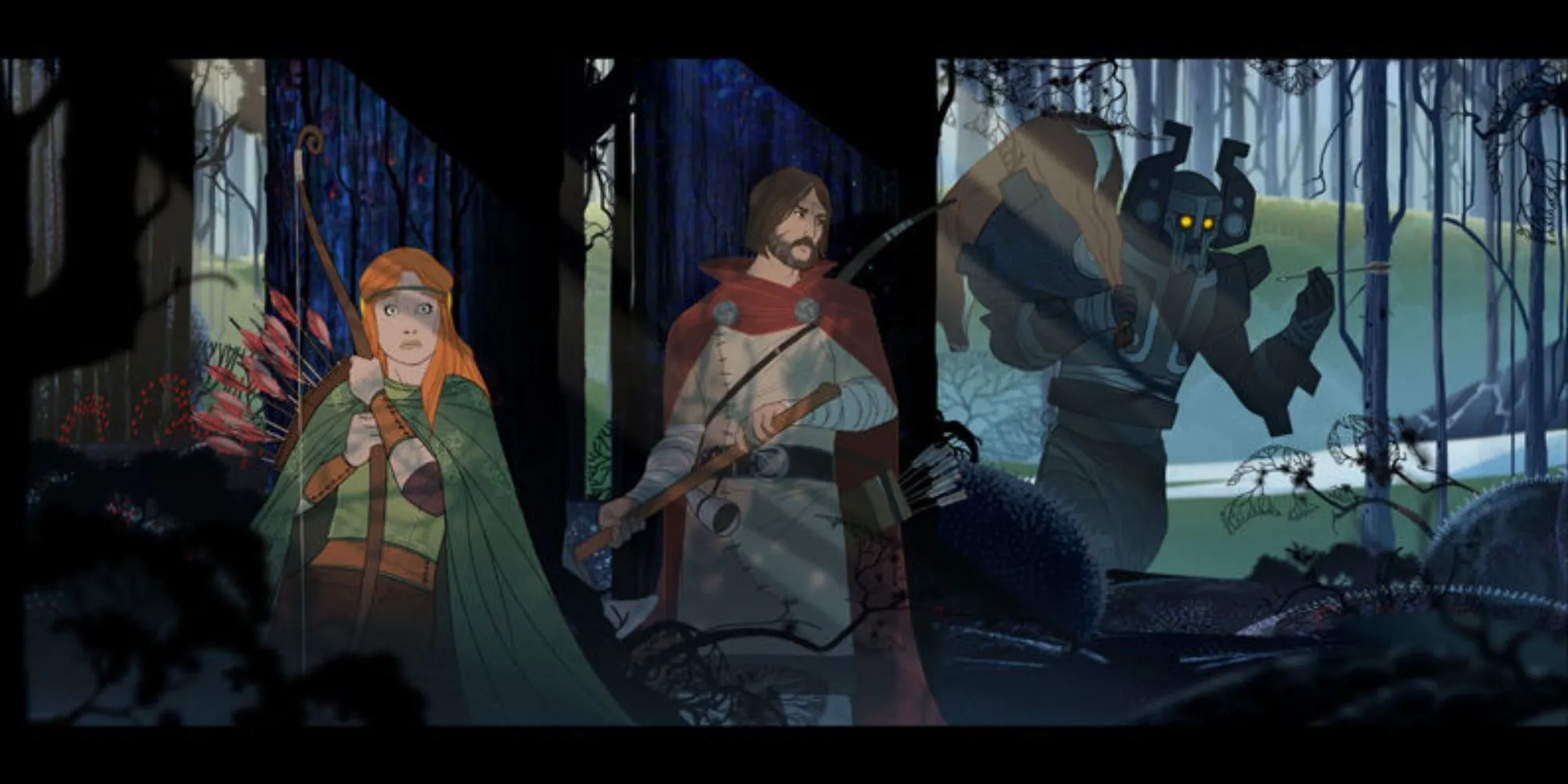 Các nhân vật ẩn nấp khỏi kẻ thù khổng lồ trong game nhập vai chiến thuật The Banner Saga