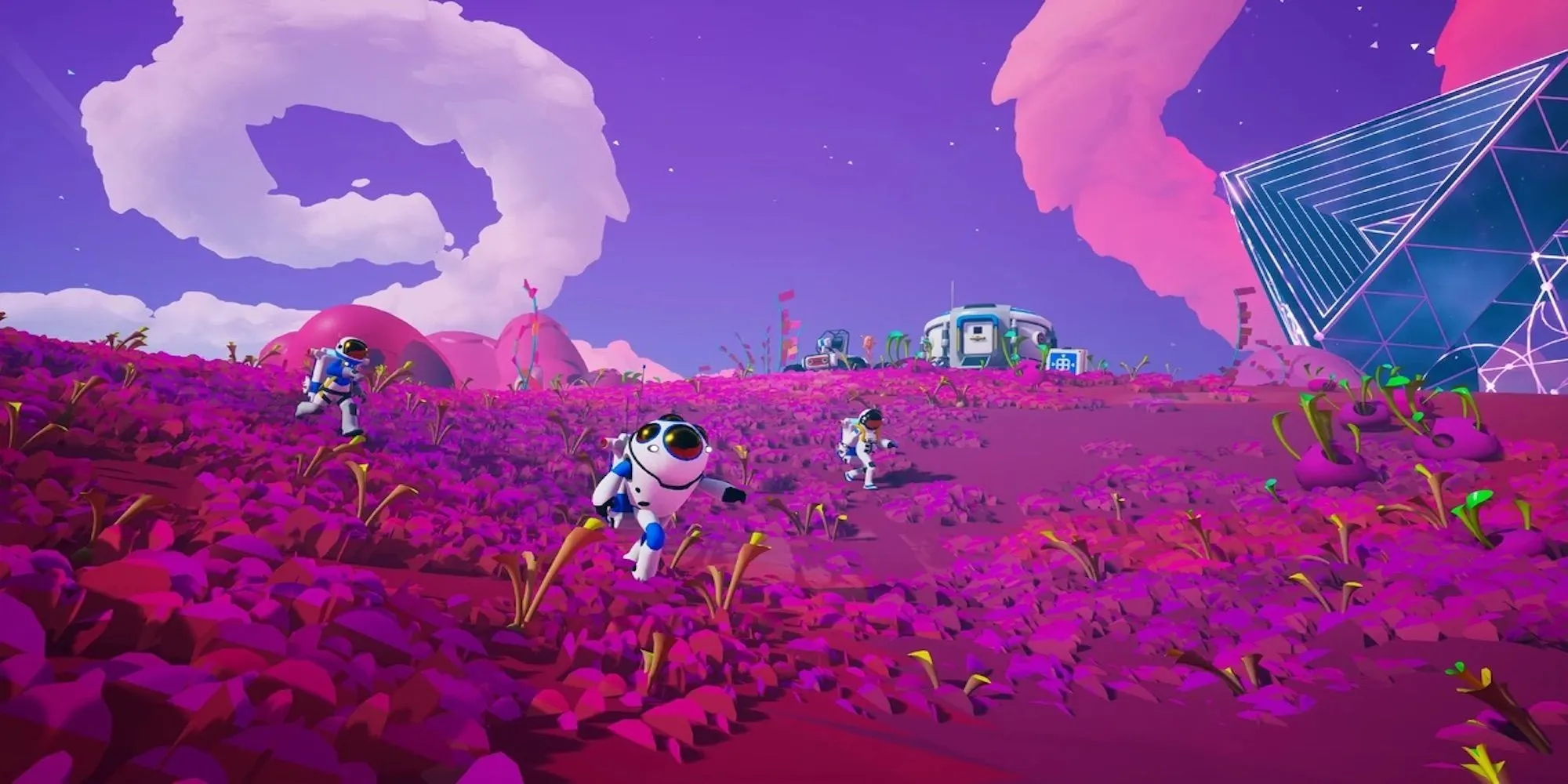 Các nhân vật Astroneer ngộ nghĩnh trên một hành tinh tím với địa hình độc đáo trong game Astroneer.