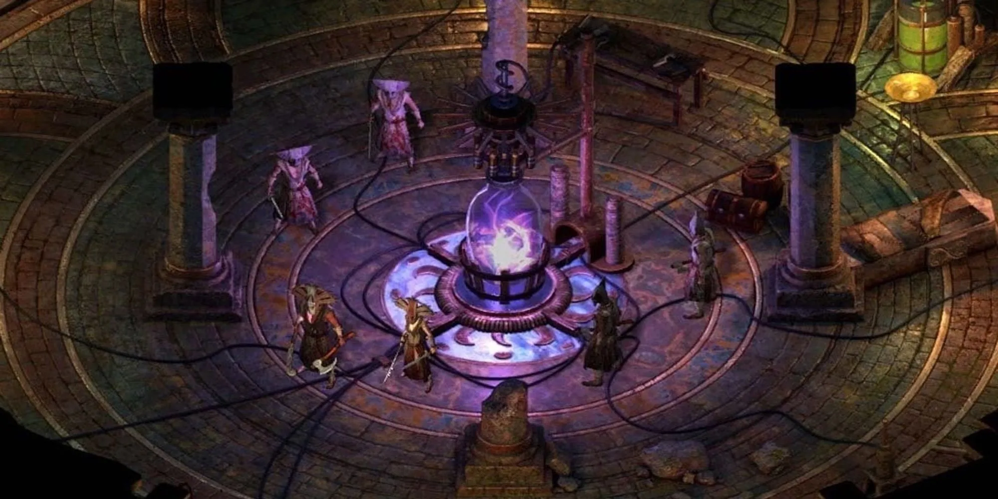 Các nhân vật đứng gần một cỗ máy phát sáng bí ẩn trong game Pillars of Eternity