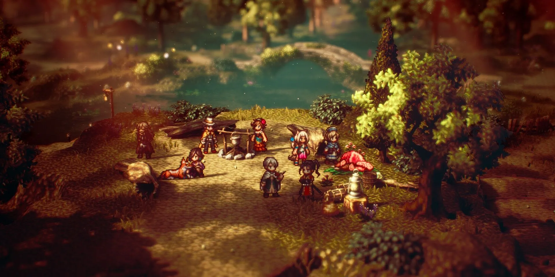 Các nhân vật nghỉ ngơi quanh đống lửa trong game JRPG đồ họa HD-2D, Octopath Traveler 2