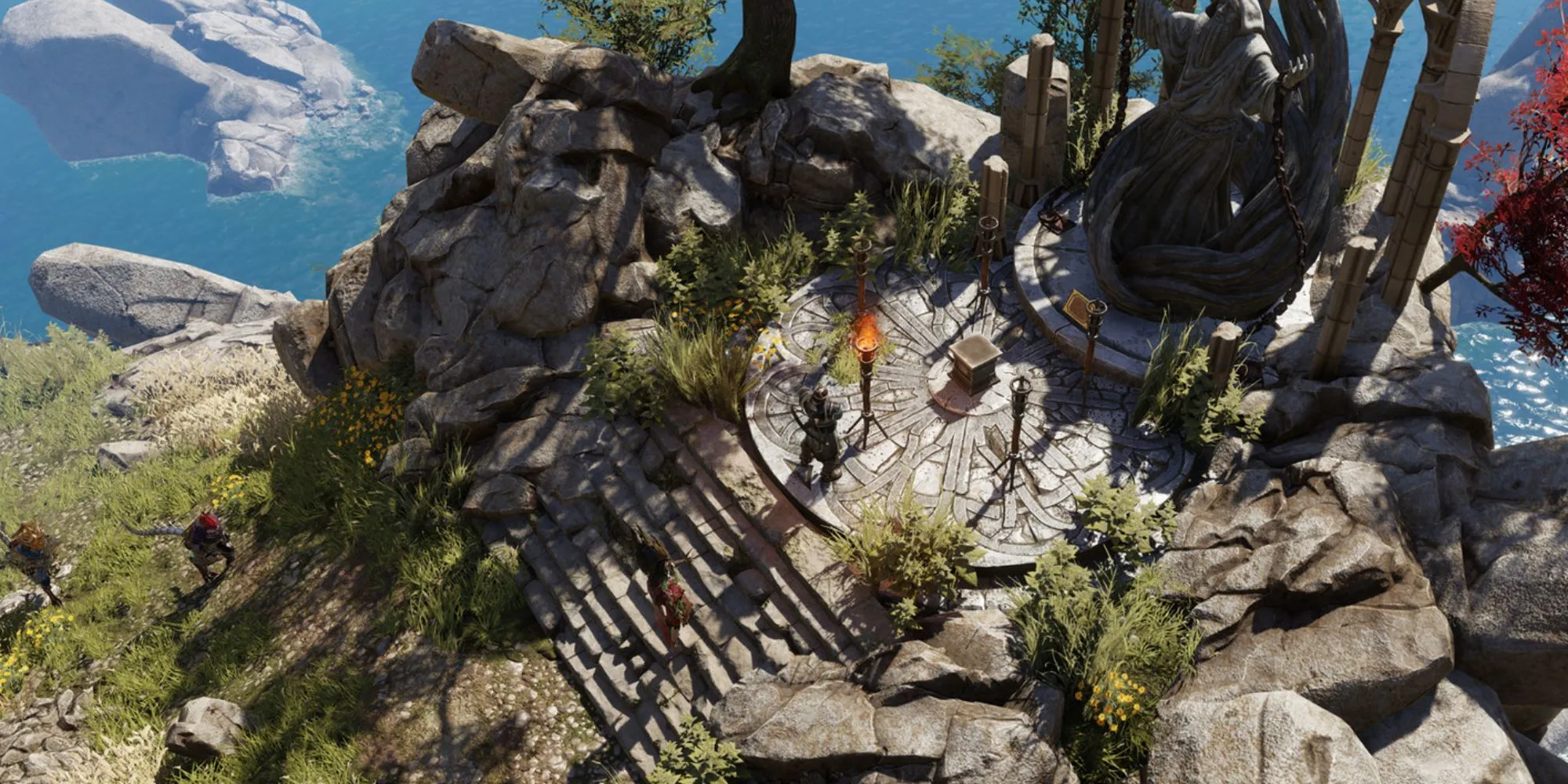 Các nhân vật tập trung quanh một bàn thờ cổ trong một khung cảnh giàu chi tiết của Divinity: Original Sin 2