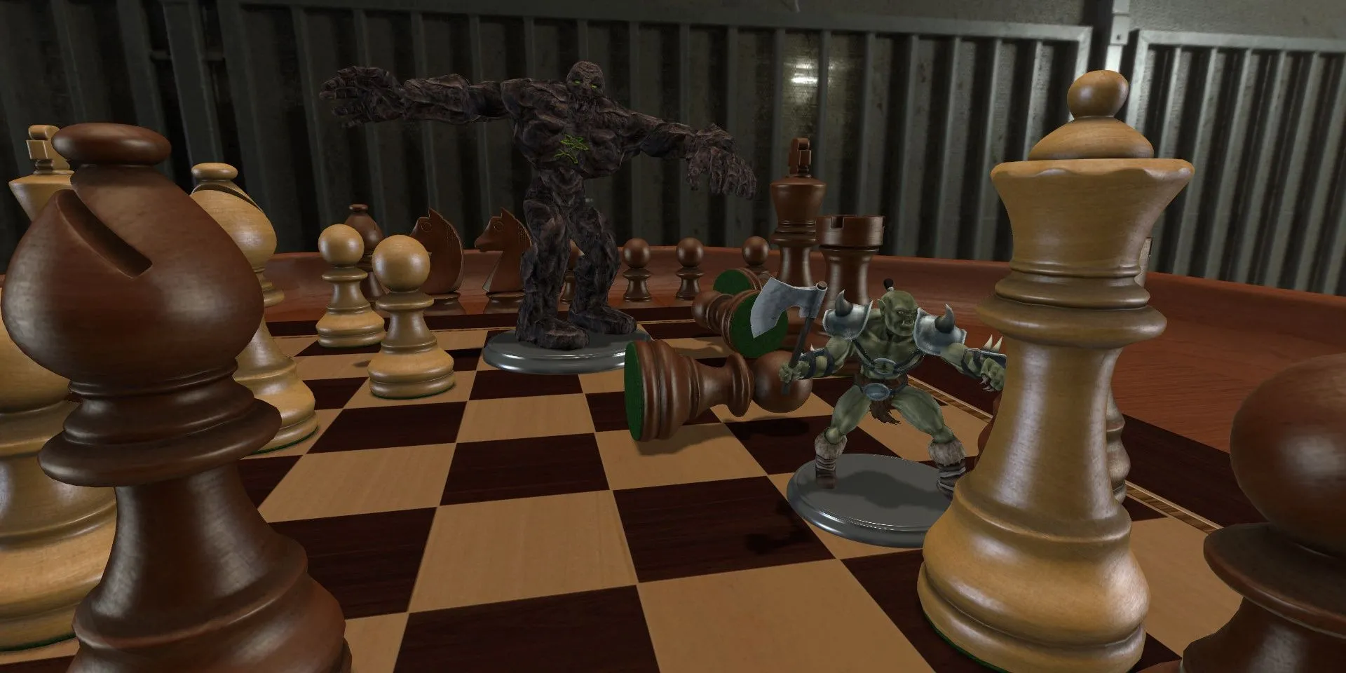 Các quân cờ trên bàn cờ vua trong Tabletop Simulator, mô phỏng không gian chơi game thực tế