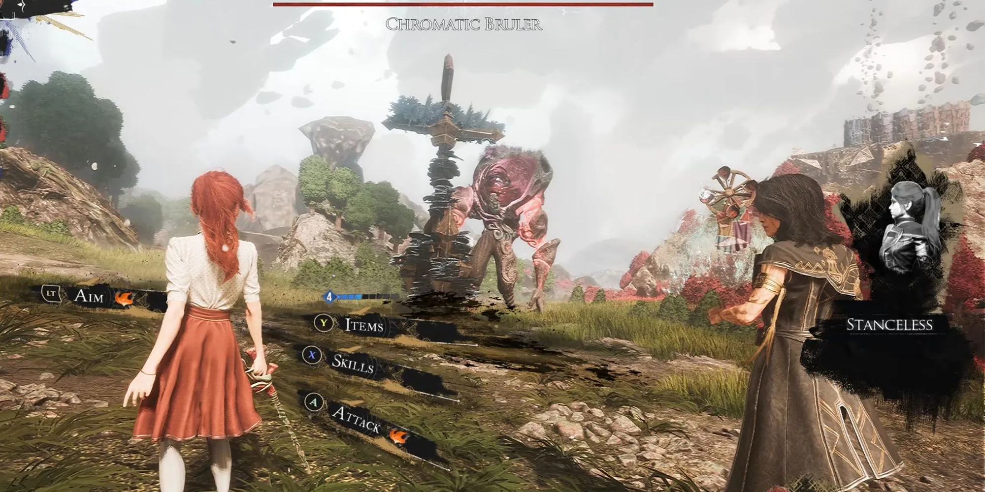 Các thành viên tổ đội chuẩn bị chiến đấu với Chromatic Bruler trong game Clair Obscur Expedition 33