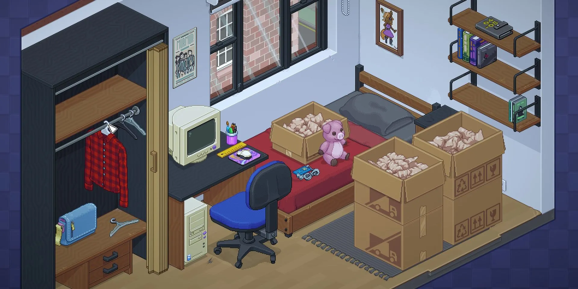 Các thùng đồ trong một phòng ký túc xá trong game Unpacking, chờ được sắp xếp